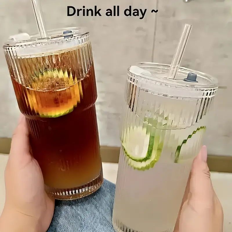 2 ribbed glass cups with plastic lid and straw straw brush iced coffee cocktails etc suitable for home office party supplies 20oz Product details 1