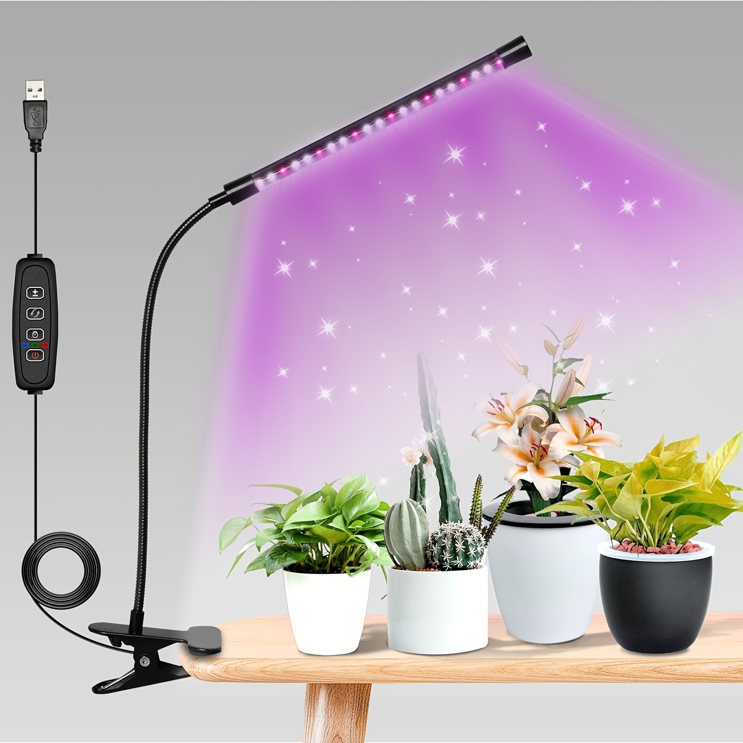 

1pc Full Led Grow Light, 6000k White & Red Light For Indoor Plants, 5-level Dimmable , Auto Timer (4/8/12hrs), Usb Powered - Ideal For Succulents, & Indoor Flowers, Plant Lights For Indoor Growing