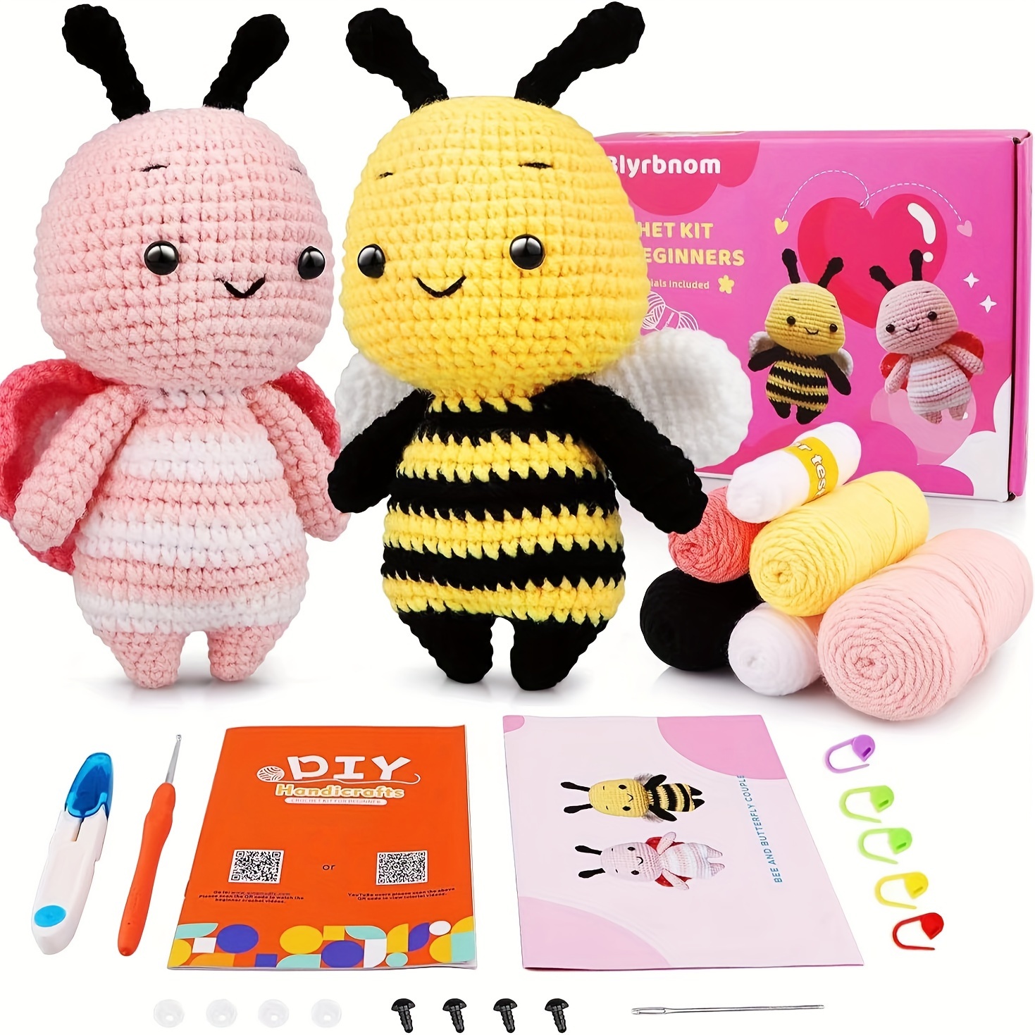 

Crochet Amigurumi Kit For Beginners - Pure Cotton Diy Craft Set For Making Bee & Butterfly Couple Dolls, Includes Yarn, Tools, And Instructions, Ideal For Teens & Adults 14+