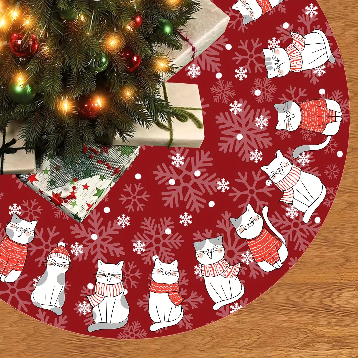 

Cat-themed Christmas Tree Skirt - 36/48 Inch, & Santa Hat Design With Red Snowflakes, Holiday Parties And Home Decor