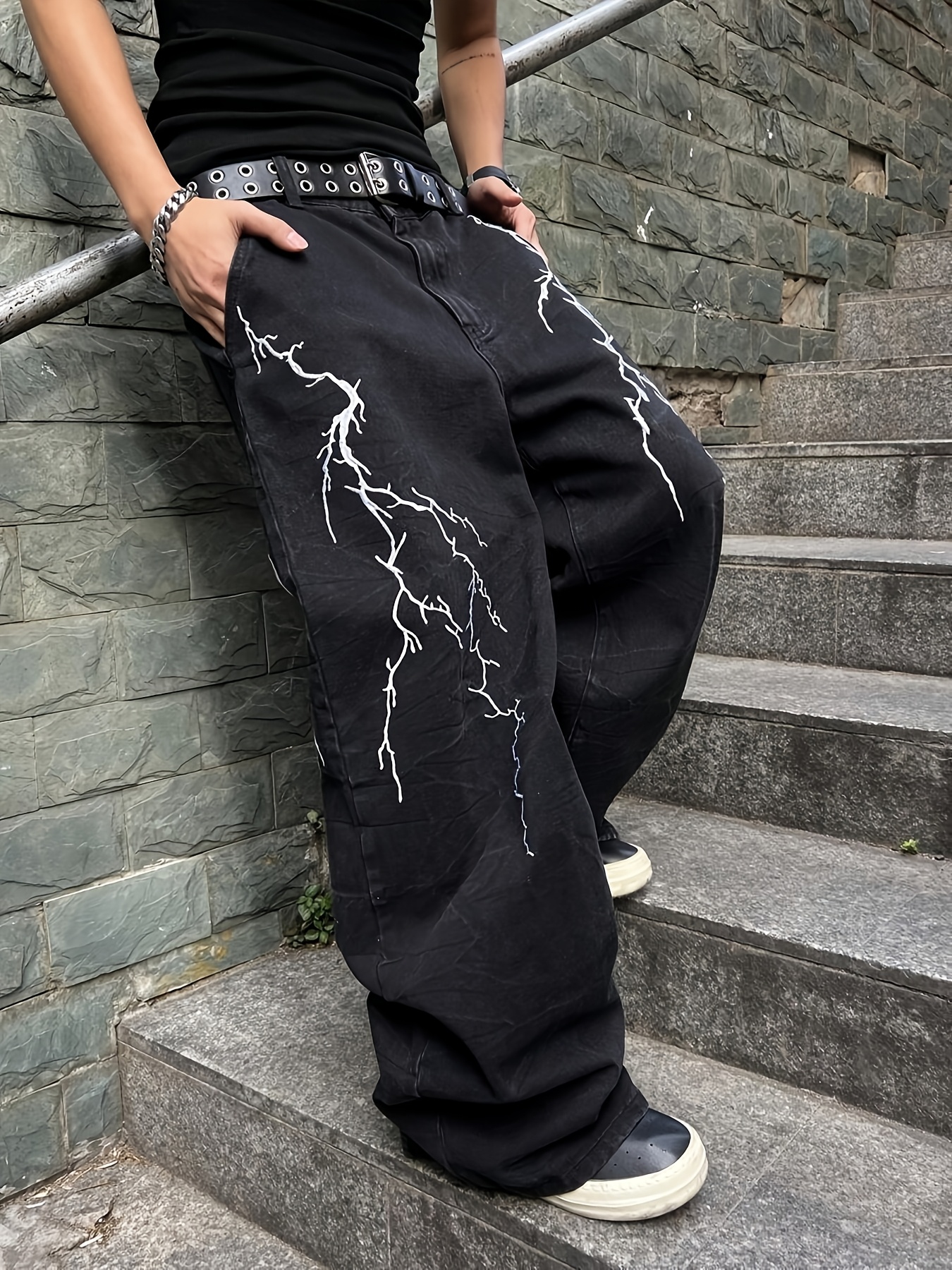 mens streetwear loose fit heavy duty denim jeans lightning Temu