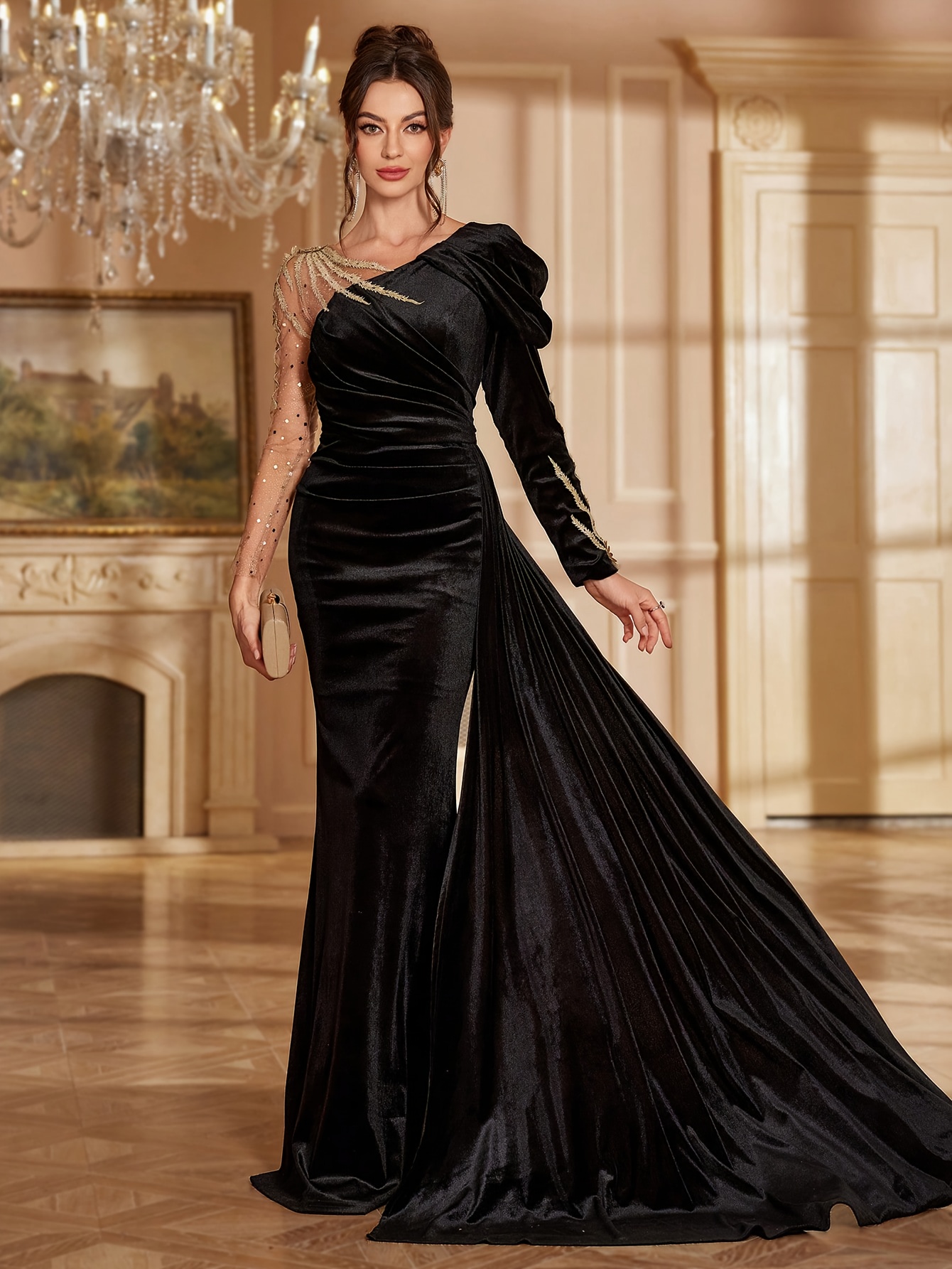 vrouwen elegante een schouder lange mouw avondjurk – rekbaar