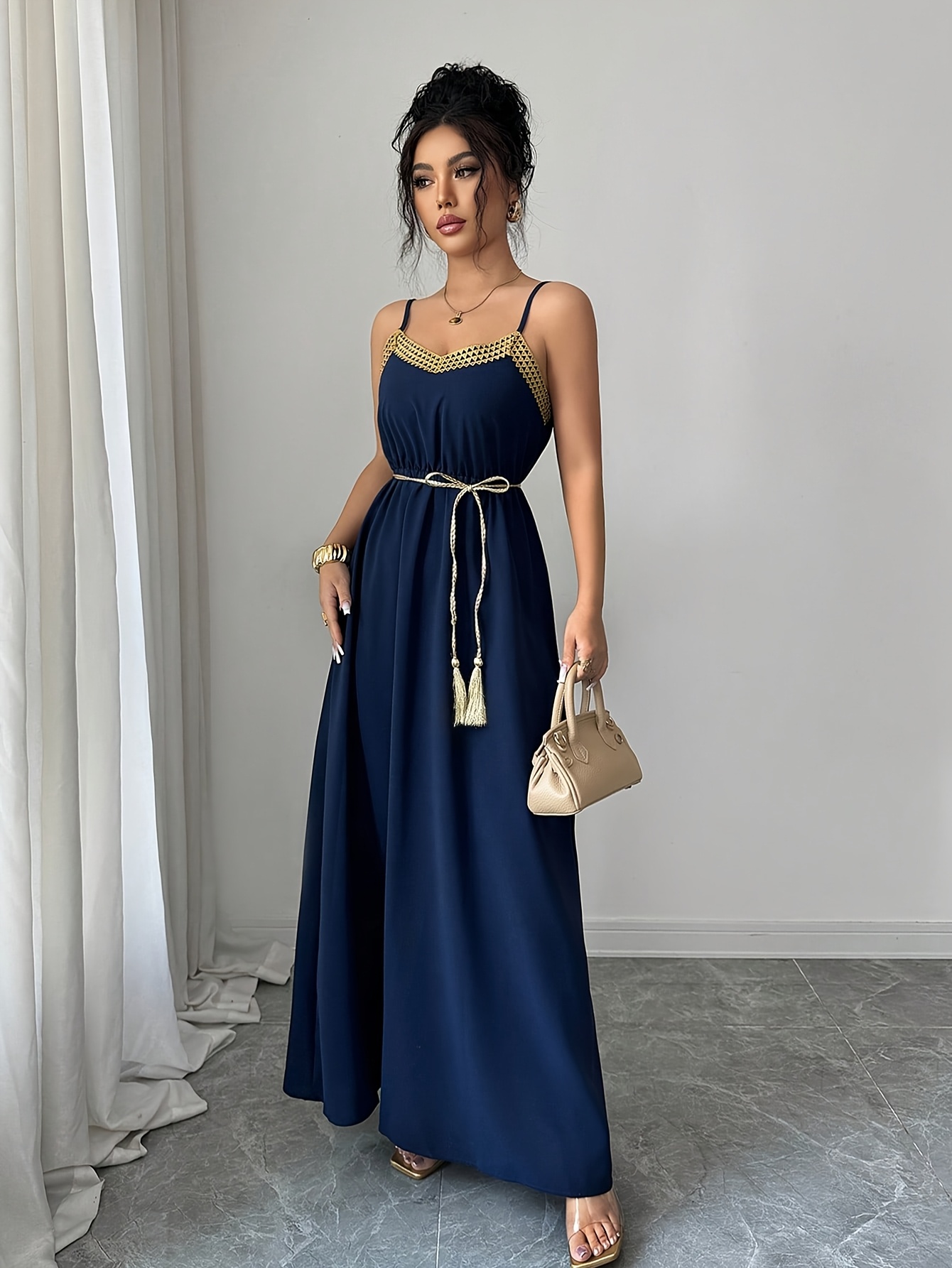 navy dress gold belt elegant blue womens slip trim golden navy blue dress with gold jewelry