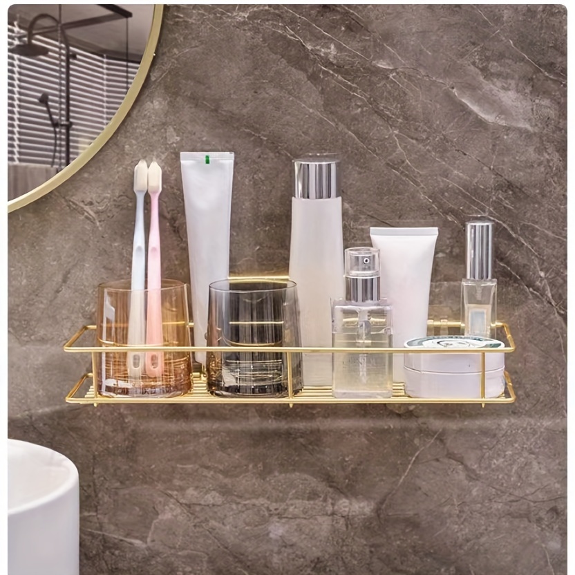 

1pc Stainless Steel Bathroom Wall Shelf, Luxury No-drill Basin Storage Rack, Wall-mounted Organizer For Toiletries, Elegant Home Decor