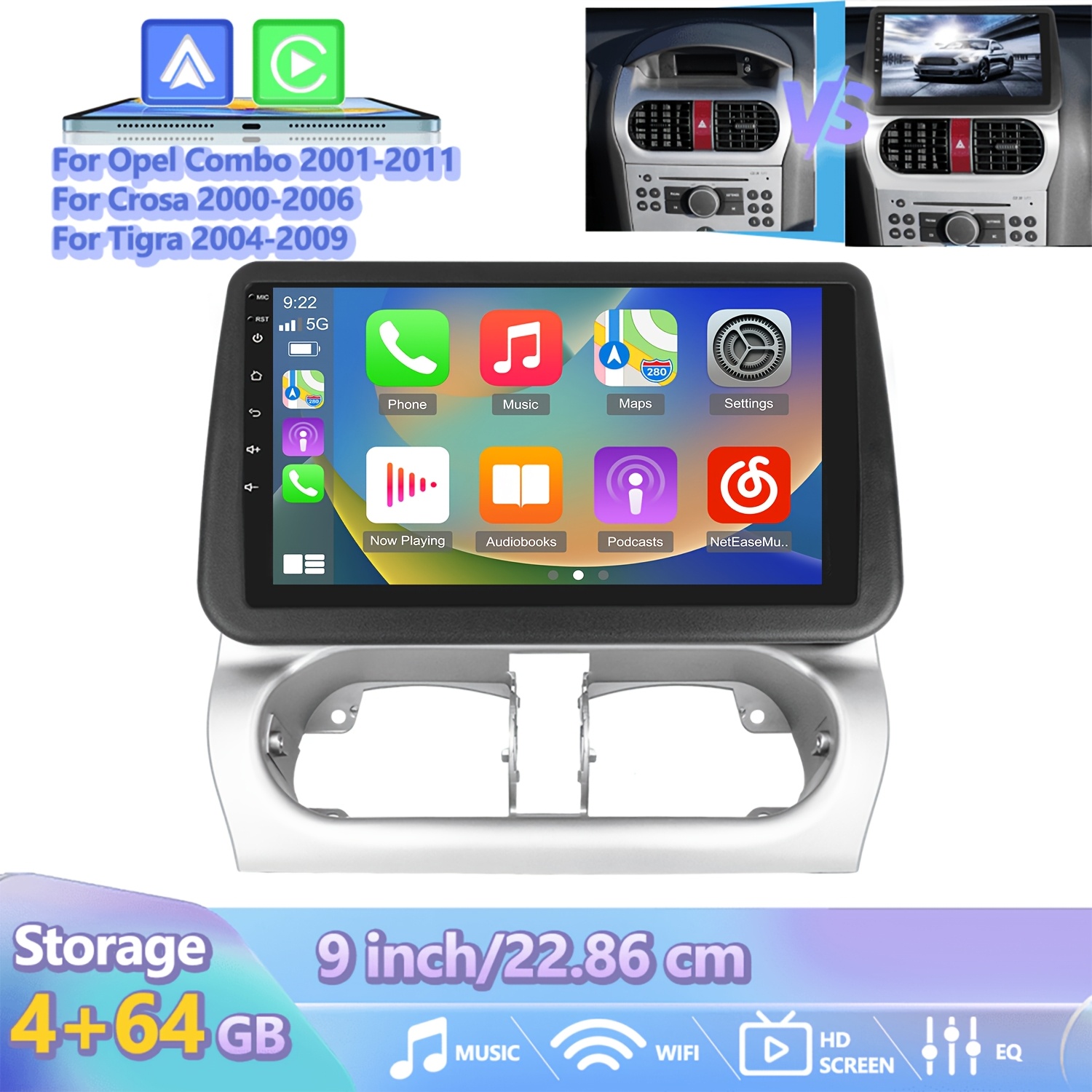 4+64g Carplay 15 Car Radio For Combo 2001-2011/ 2000-2006/ 2004-2009, 9-inch Touchscreen With Androidauto/ / Wifi/ Gps/ Rds/ Fm/ Bluetooth/ Usb/ Dsp