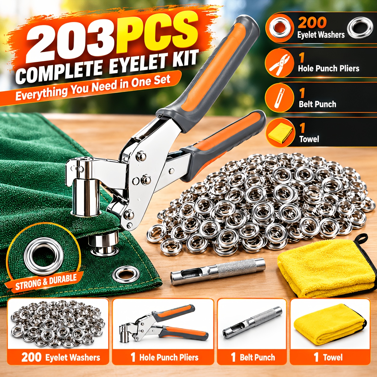 TEMU Jeu de 203 pièces de pinces perforatrices à œillets - Idéal pour les de bricolage sur bâche et tissu. Inclut 400 anneaux de 10 mm (200 œillets +