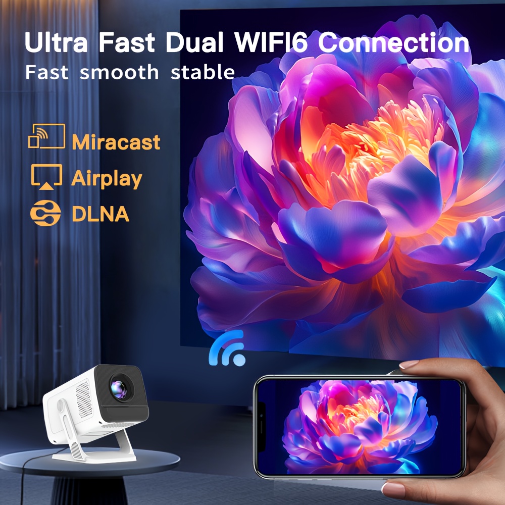 [Built-in Apps & 2025 Upgraded] Mini Portable Smart Projector with WiFi 6 And BT5.4, Android 11, 4K Support |Native 720P Home Theater Projector with Stand, 400ANSI, Auto Keystone Correction, White