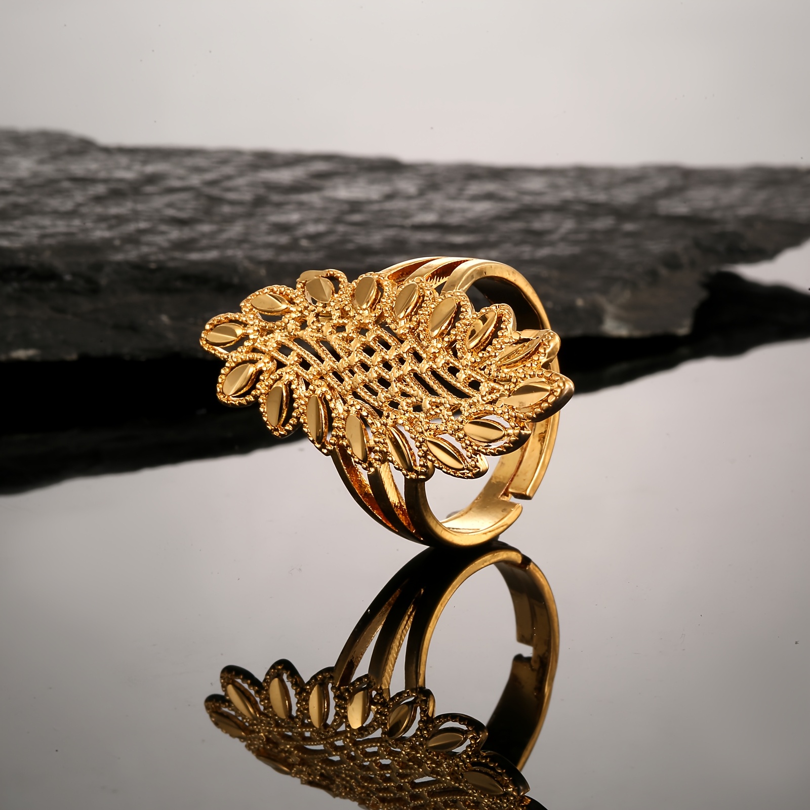 Golden Elegant Wheat Hollow Adjustable Ring, Unisex Design