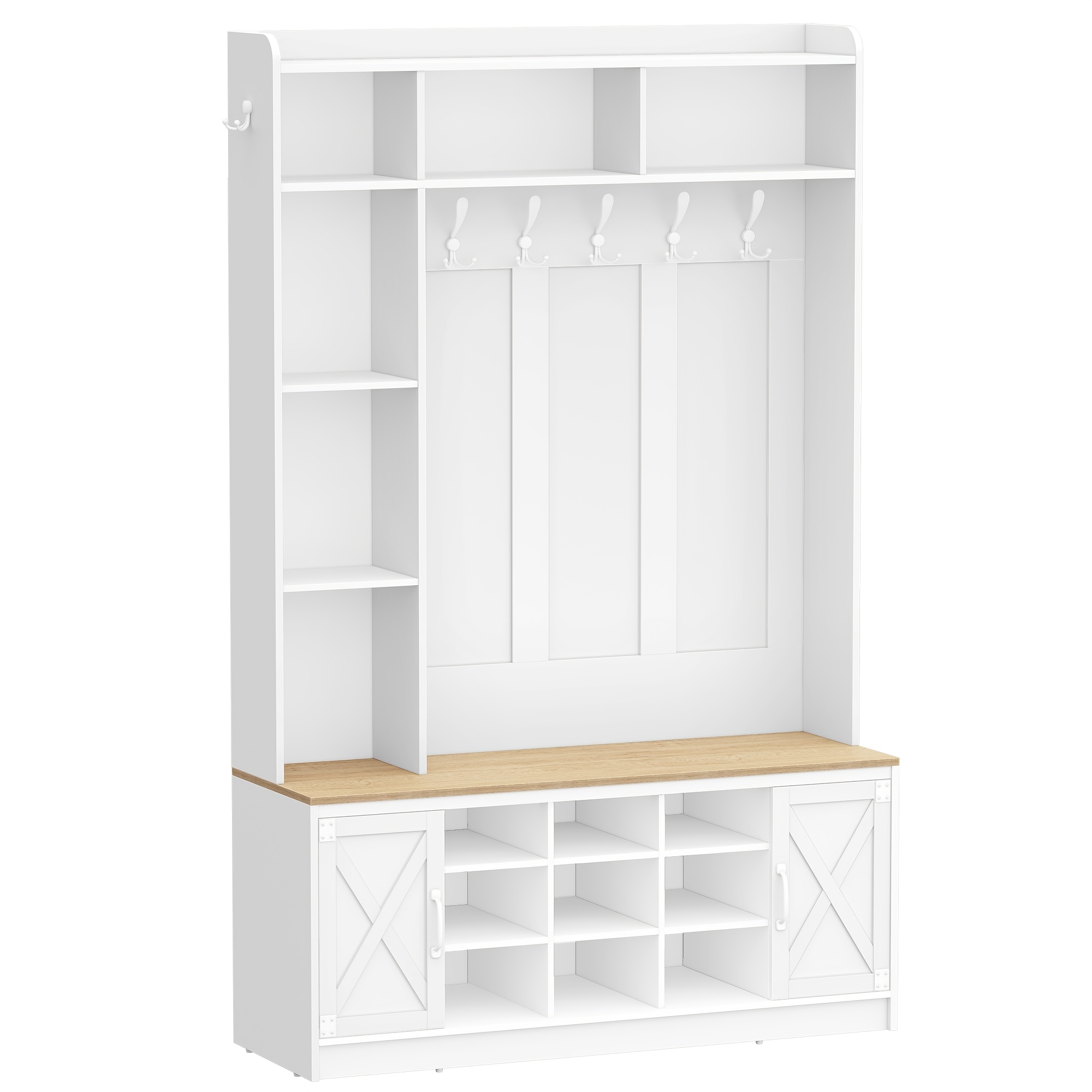 Coat Rack With Shoe Bench, Hall Tree With Led Lights For Hallway, 15 Open Compartments, Coat Stand With Adjustable Shelves, 7 Hooks, For Living Room, Entrance, White And Brown