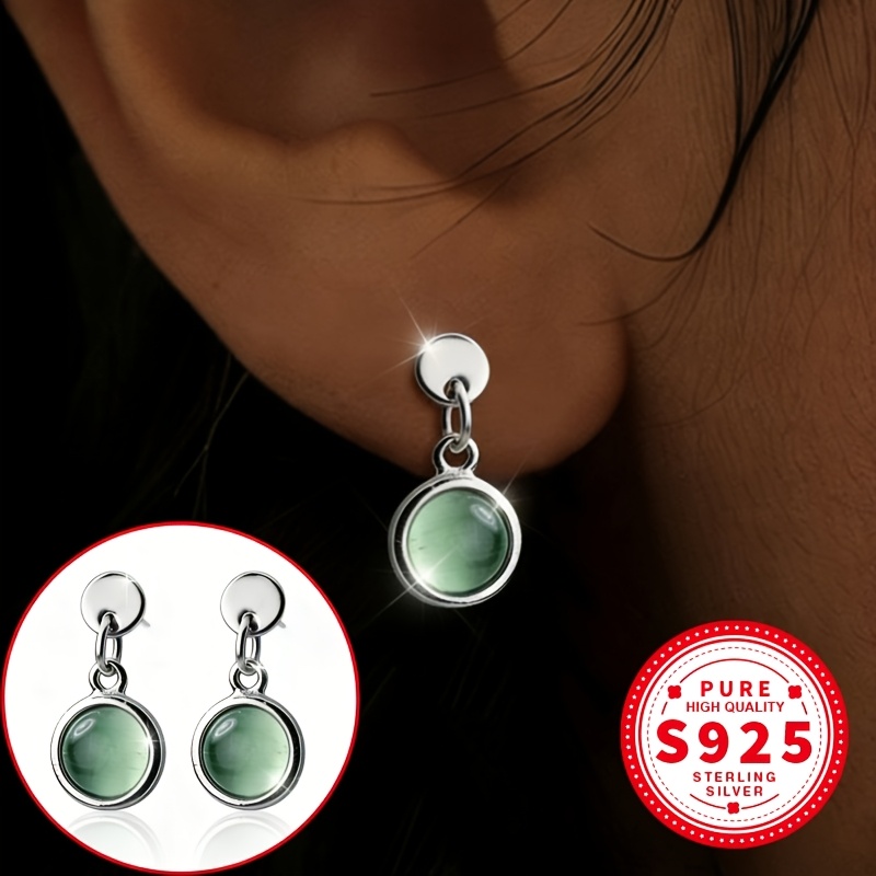 Women's S925 Sterling Silver Green Moonstone Earrings