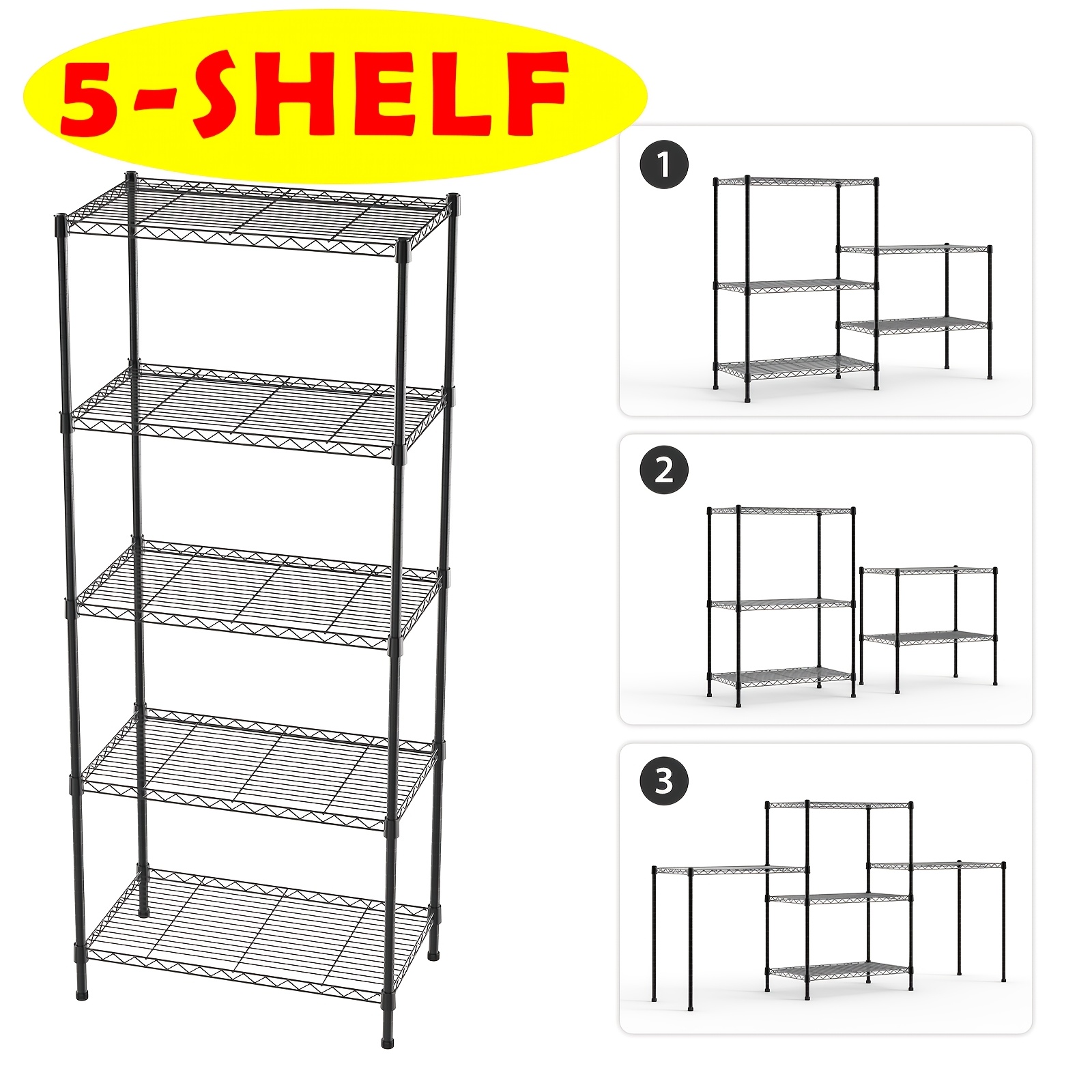 TEMU 5-tier Shelving Unit, Adjustable Height Metal Shelving Unit With Leveling Feet, Shelving Units For Storage - 364 Kg Max Weight, For Kitchen,