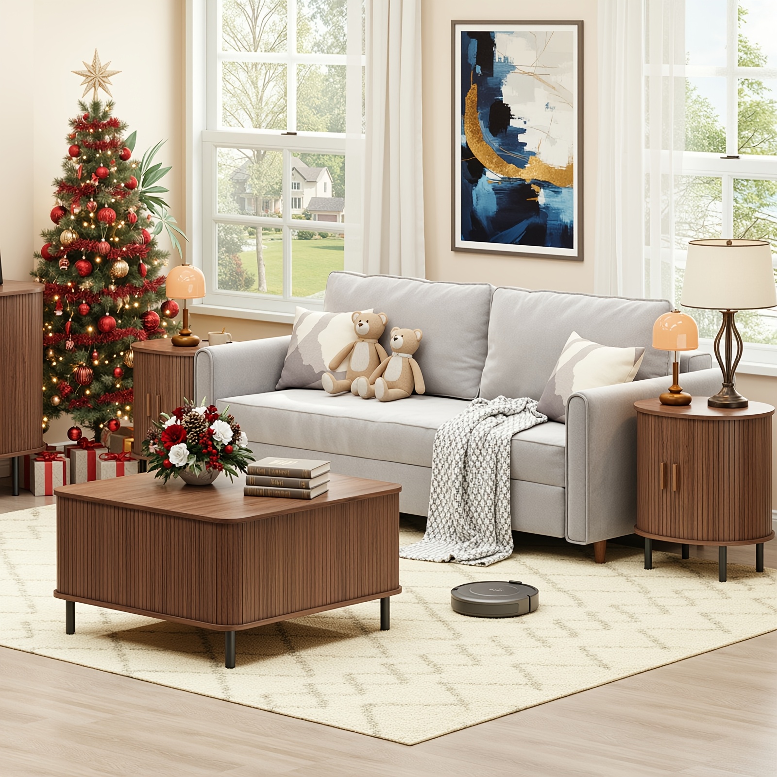 2pcs Mid-Century Modern End Table with Storage & Charging Station - Nightstand with Sliding Door Cabinet, Adjustable Shelf & Leg Pad, Compact Space-Saving Suitable for Small Spaces, Living Room, Bedroom - Assembly