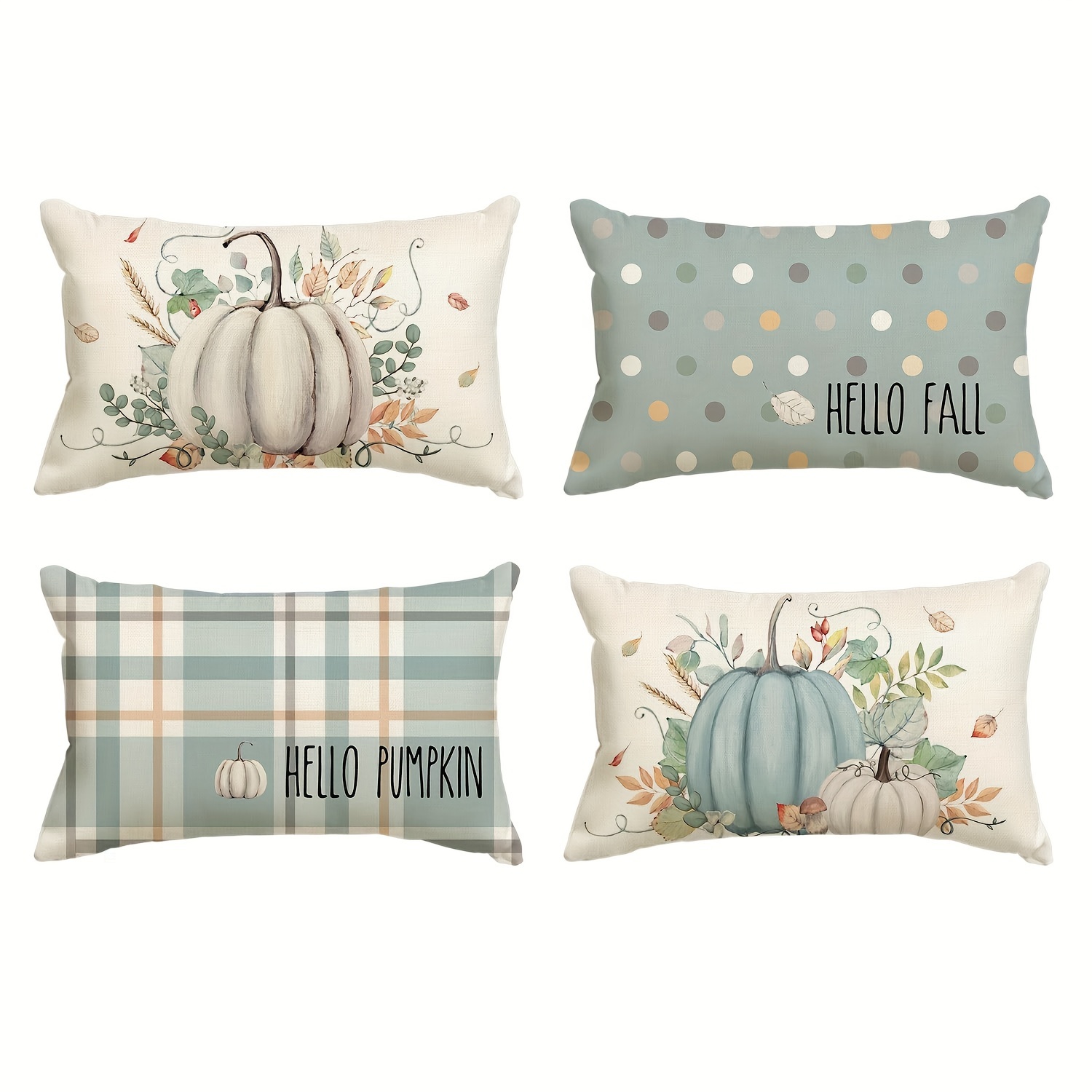 

Set Hello Fall Throw Pillow Covers, 12 X 20 Inch Autumn Thanksgiving Harvest Aqua Eucalyptus Decorations For Sofa Couch Set Of 4