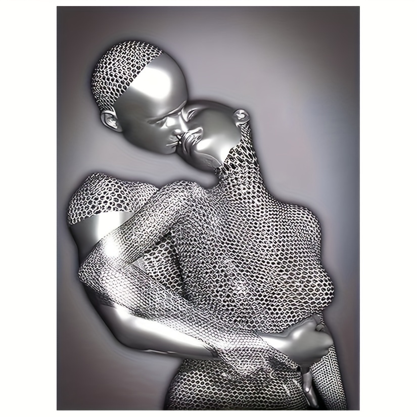 

Romantic Couple Embrace 3d Metal Effect Canvas Art Print - Frameless Love Poster, Abstract Silvery-tone Wall Decor For Living Room, Bedroom, Home Office - 12x16 Inches