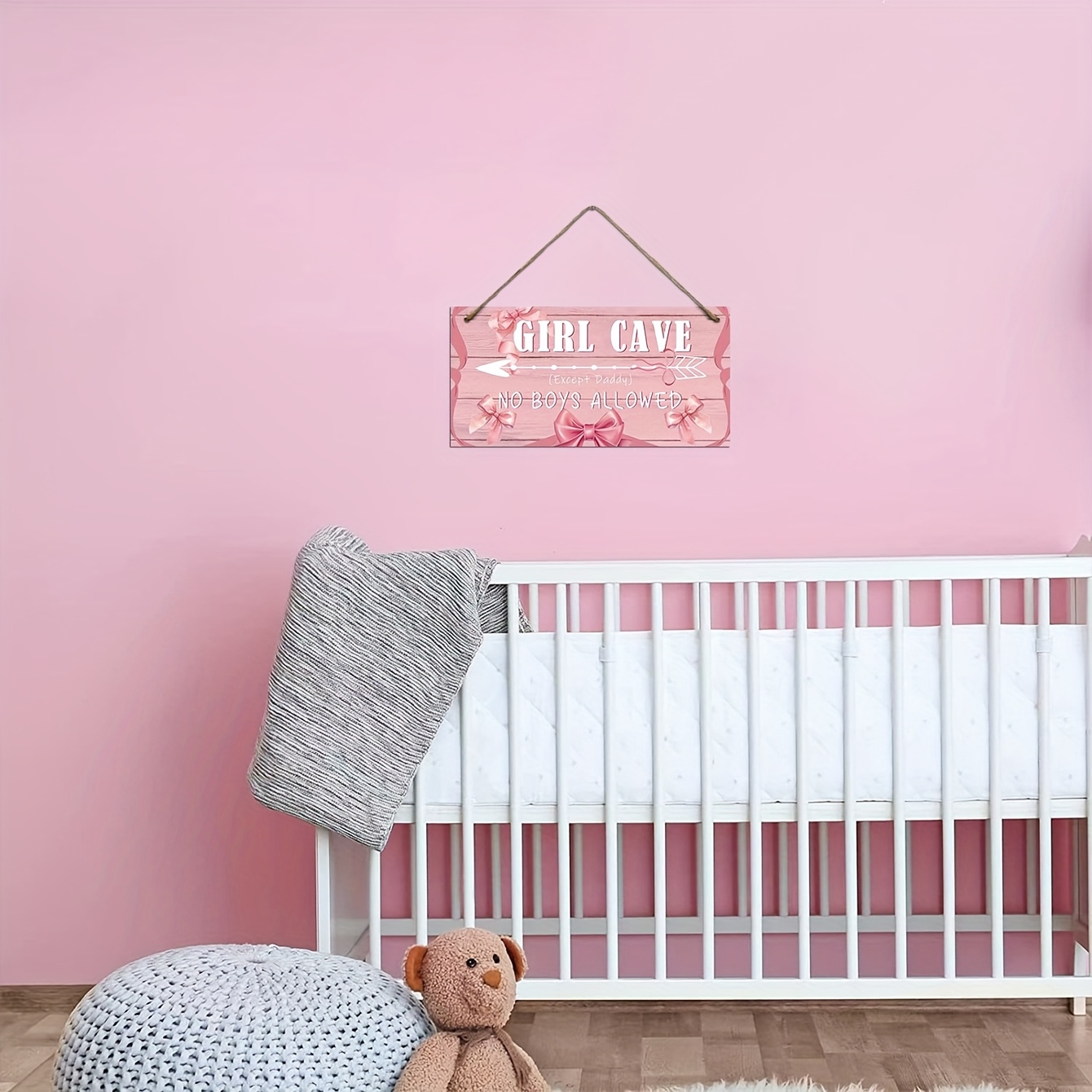 2D Flat, 1pc, Sign for a Cave, Wooden Wall Decoration with a Bow, Perfect Gifts for Fans of Pink, Decor for a Pink-Themed Room, No Boys Permitted Except for Dad in The Girls' Bedroom