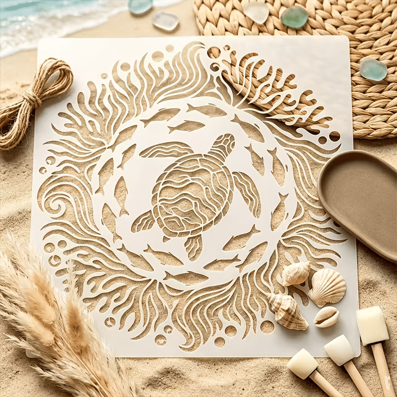 TEMU 1pc Honu Sea Turtle Stencil, Ocean Mandala Fish Template, Reusable Plastic Painting Laser Cut Stencils For Canvas, Wall Decor, Tile, Fabric, Art