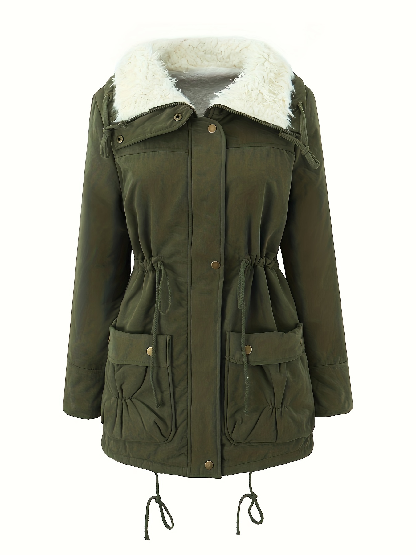 womens casual midi long sleeve parka coat with drawstring solid color polyester 100 woven jacket regular fit winter warm   with pockets army green 5