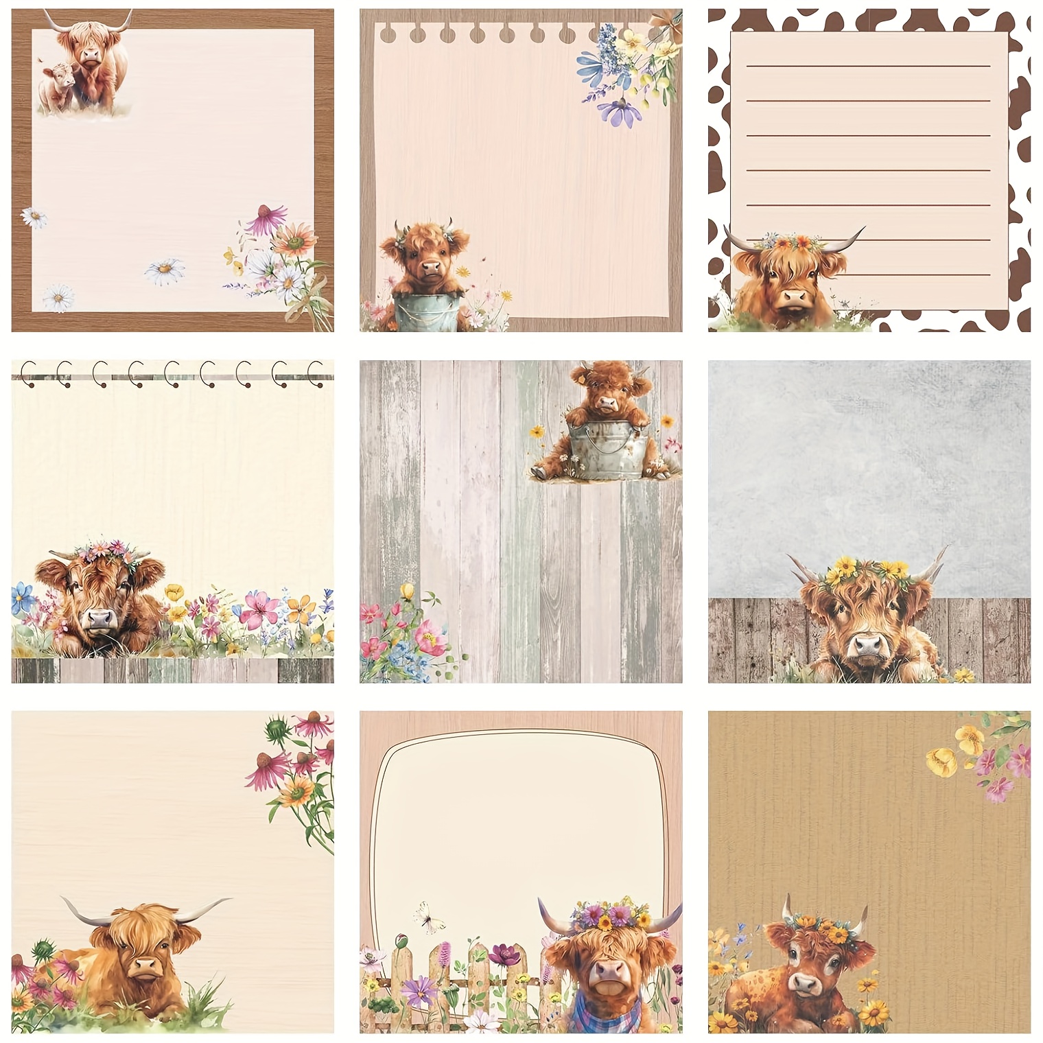 Image of Set Of 9 Highland Cow Sticky Notes, 3x3 Inches, Adorable Self-adhesive Notepads, Perfect For Office Decoration, Gifts For Students, Teachers, And Meetings, With In Each Pad