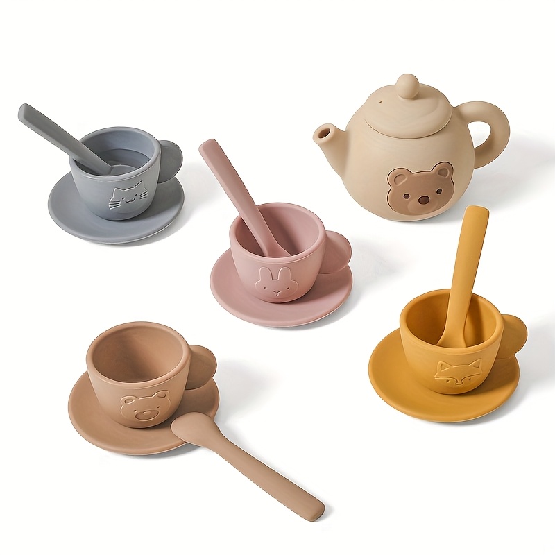 Silicone Afternoon Tea Set, Cute Bear Wooden Pretend Play Toy, Girls' Mini Teacup Teapot Set, Parent-child Interactive Game, Christmas Gift