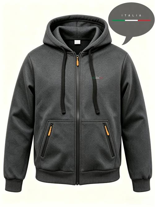 photo de l'article sweat à capuche zippé pour homme, motif lettres et rayures, style western, italia, imprimé facile à combiner, poche zippée, cordon de serrage, veste athlétique décontractée