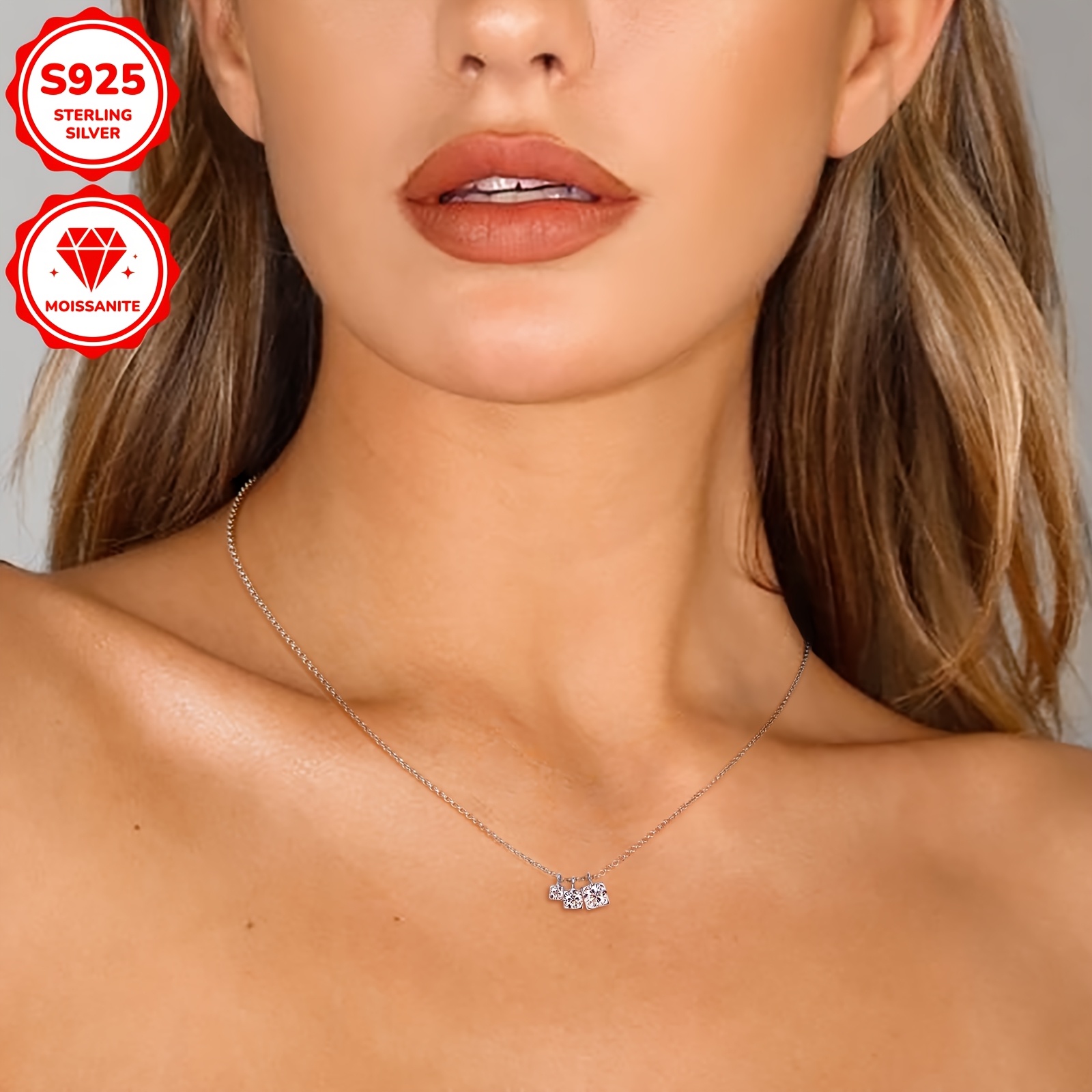 silver weight 3 89g moissanite 5mm 4mm 3mm 1 each total carat 0 9ct 1 moissanite necklace 925 silvery ladies fashion 3 moissanite pendant necklace 925 pure silvery jewelry chain length 45 5cm details 2