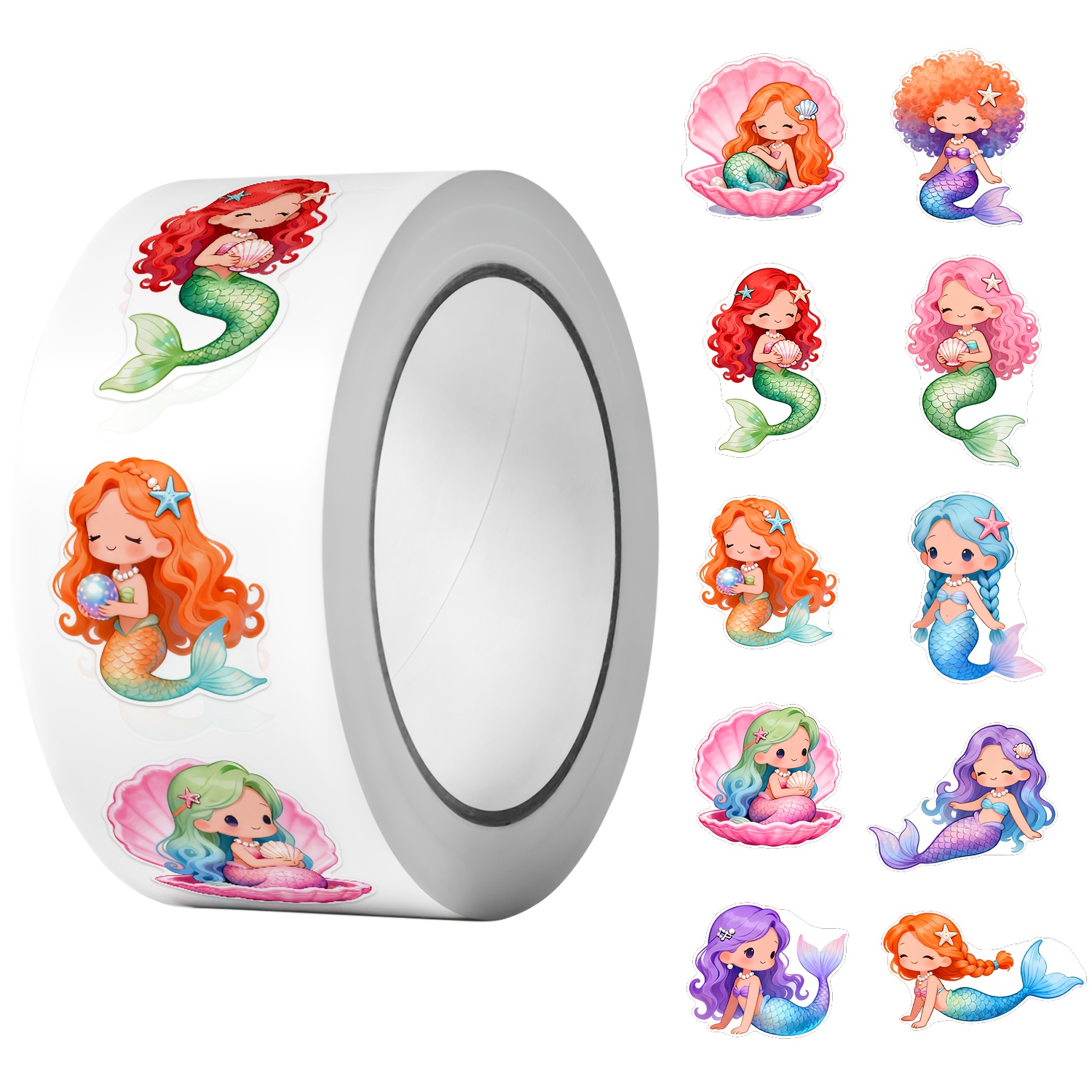 1roll(500pcs) Irregular Cartoon Colorful Vibrant Mermaids Sticker 2.5cm/1.0'' 10 Designs Decals Art Adorning Suitable For Home Decoration Sealing Labels Gift Packaging Supply