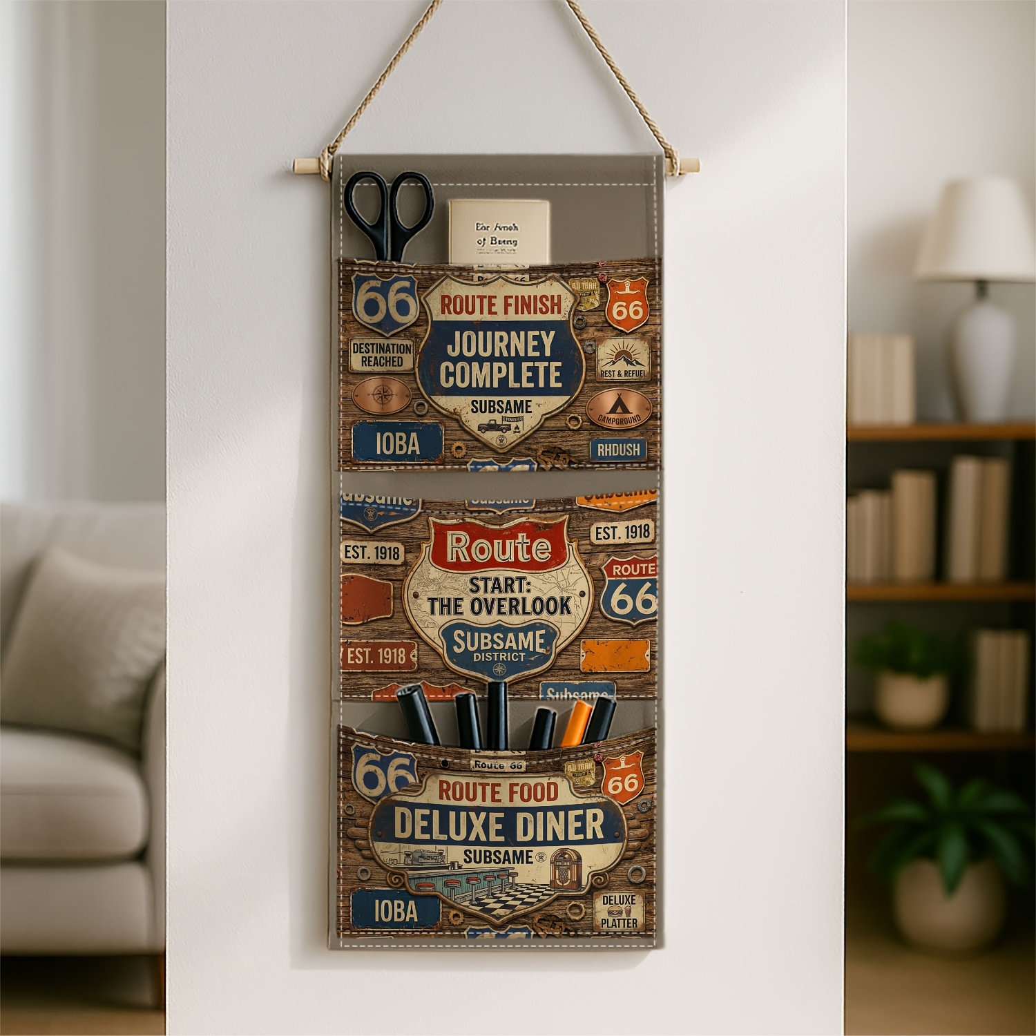 1pc Wall-mounted Storage Bag, Vintage Americana Retro Design, Durable Hanging Organizers, Route 66 Sign - A Hanging…: retailer-supplied image
