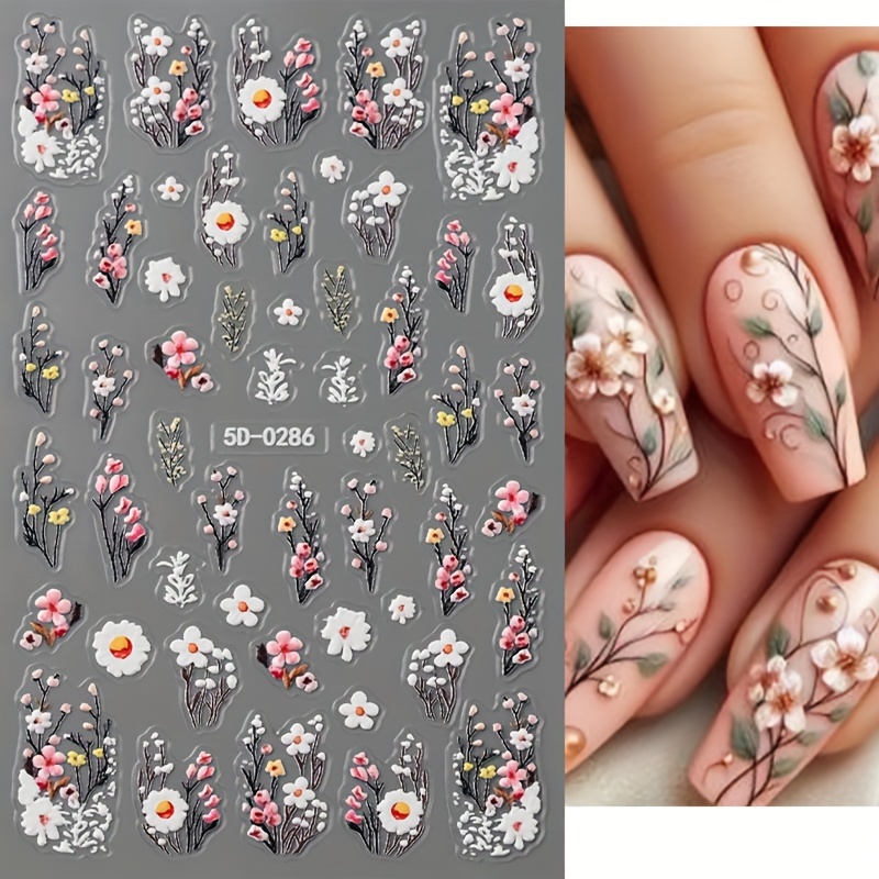 Self-adhesive Floral Decals Featuring 5d Embossed Daisy Designs, Perfect For Winter Celebrations And Valentine's Day Nail Art
