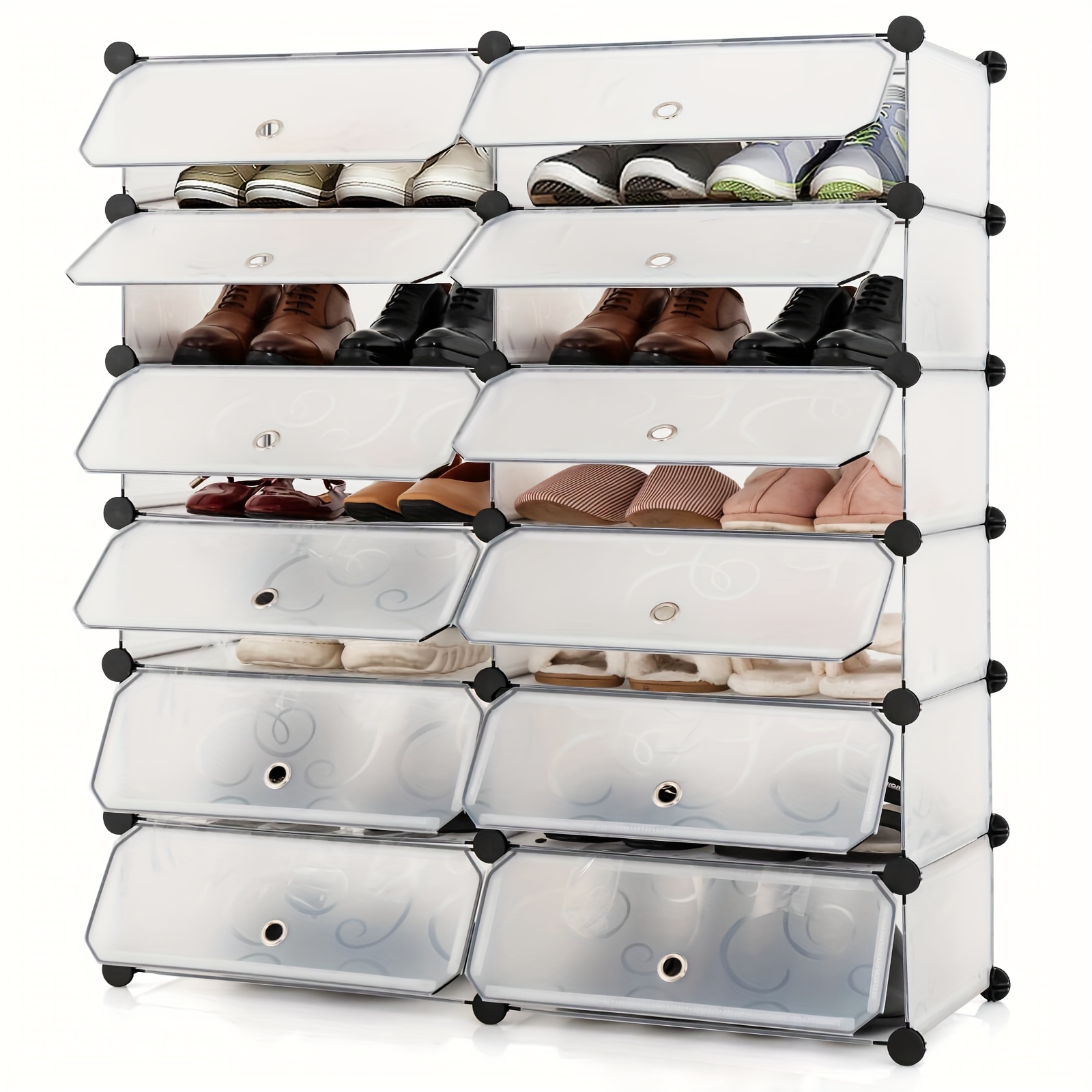 

1set 12-cube Modular Shoe Rack, Diy Plastic Shoe Cabinet, Modern Multi-use Modular Closet Organizer Shelf, White With Easy Assembly And Clear Doors