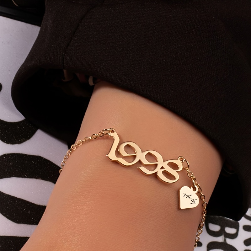TEMU Bracelet Cœur Tendance pour Femme avec Nom Personnalisé, Personnalisé avec Année de ou Numéro , Bracelet en Acier Inoxydable Plaqué Or 18K,
