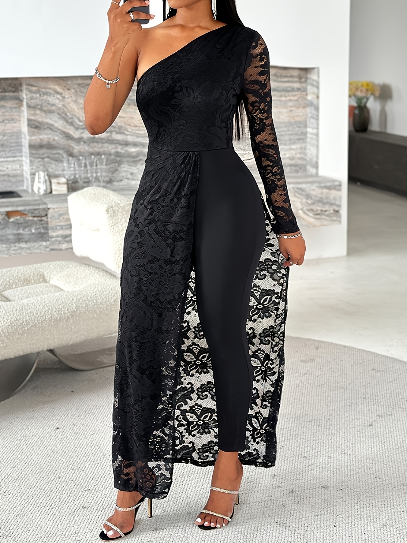 womens elegant shoulder lace sleeve jumpsuit royal blue - Temu