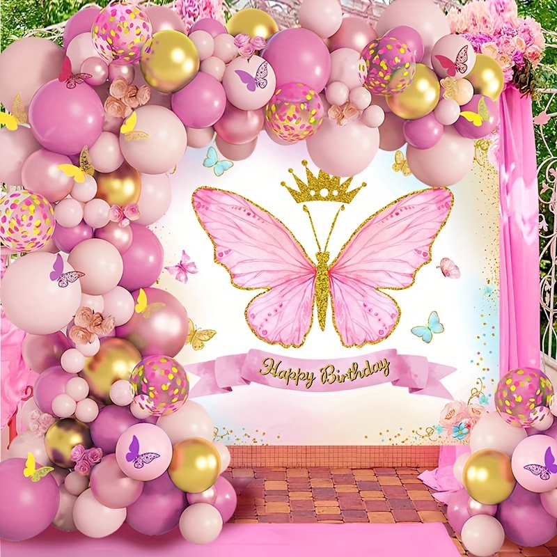

89pcs/set, Pink Crown Butterfly Balloon Background Cloth, Happy Birthday Party Decor Backdrop Balloon Chain, Butterfly 1st Birthday Party Supplies