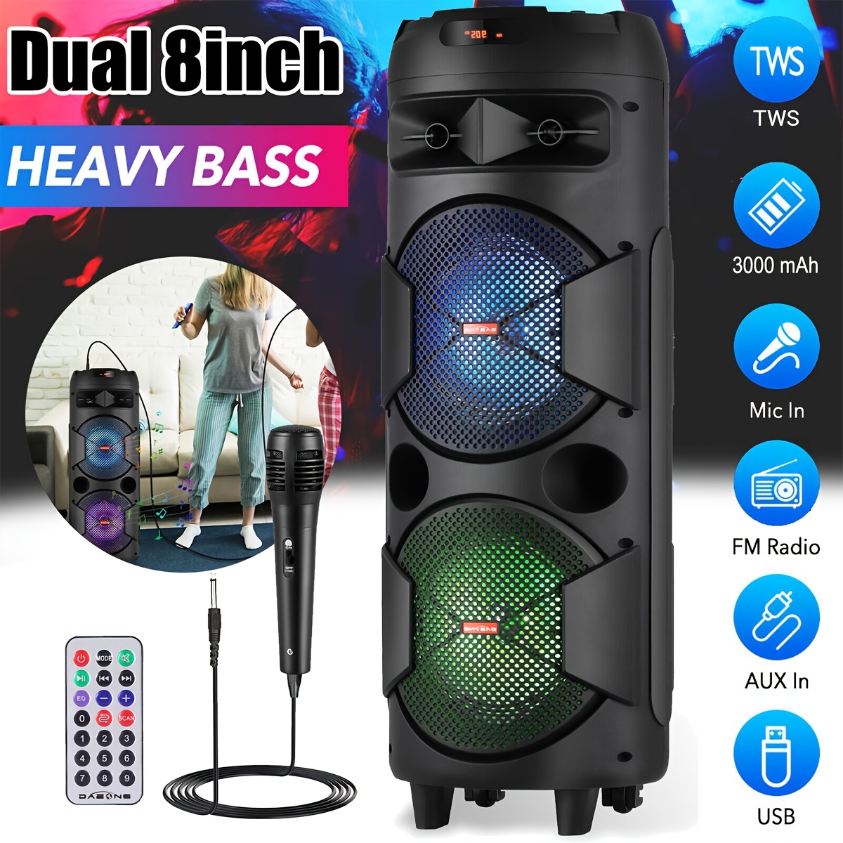TEMU Portable Wireless Bluetooth Pa Speaker System, Indoor/ Outdoor Bluetooth Speakers Powerful With Dual 8" Woofers, Wired Microphone, Remote