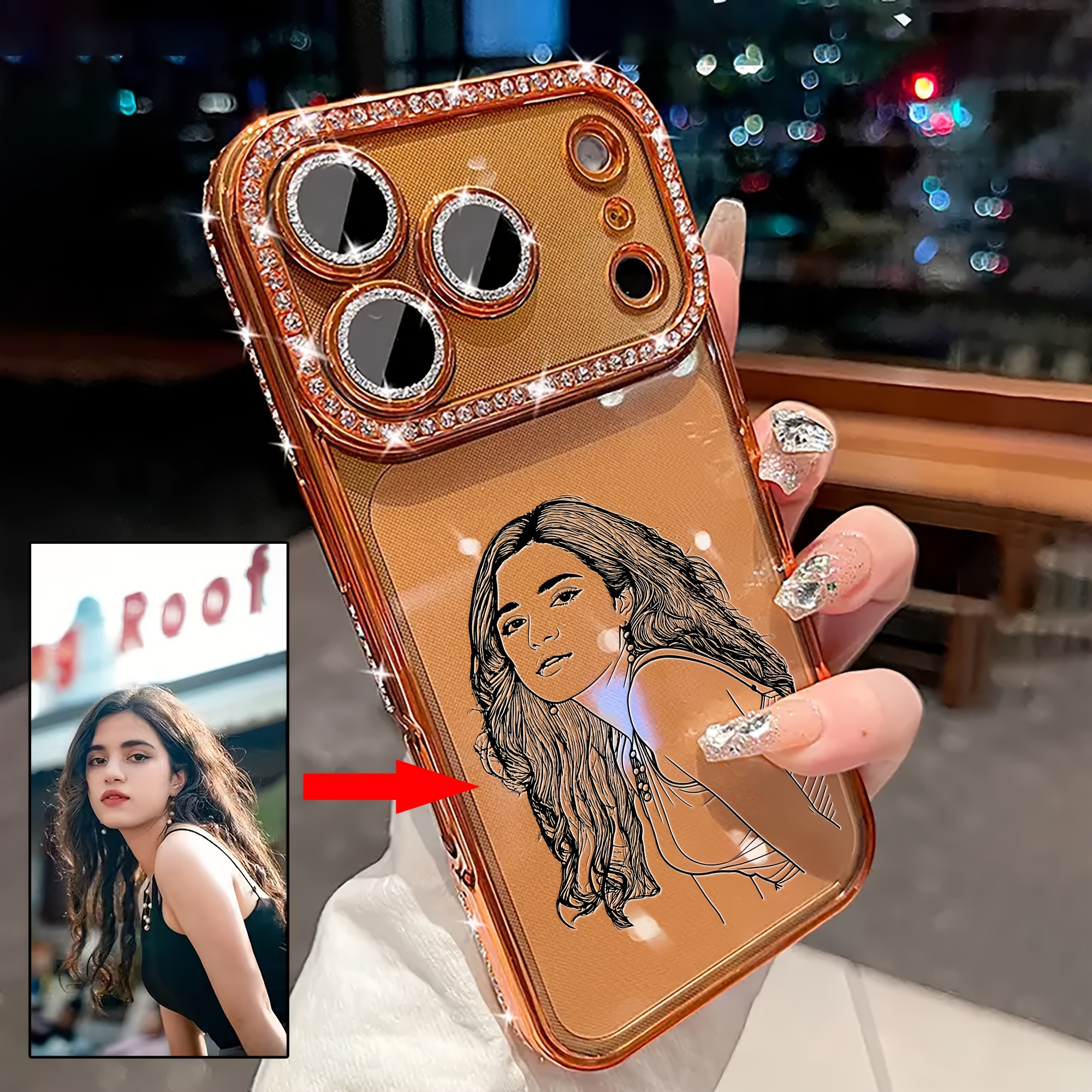 E-shop Handyhülle: Personalisierte Skizze Handgezeichnete Linien Familie Paar Haustier Freund Persönliches Porträt Etc. Bild Sternenorange Strass