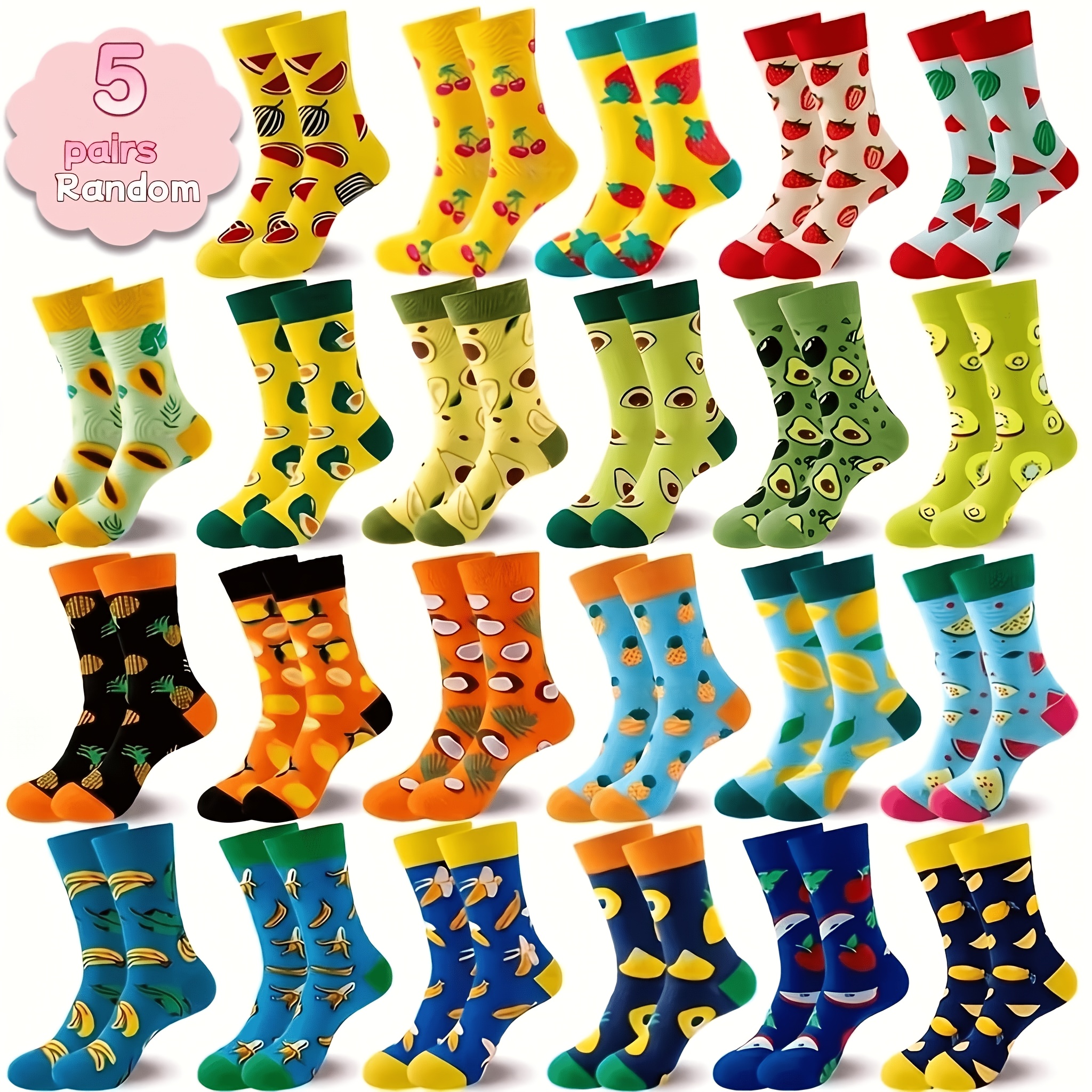 TEMU 5-pair Random Assortment Fruit Pattern Mid-calf Socks: Avocado, Cherry, Pineapple, Banana - Fun Cartoon Creative Trendy Socks, Versatile Couple