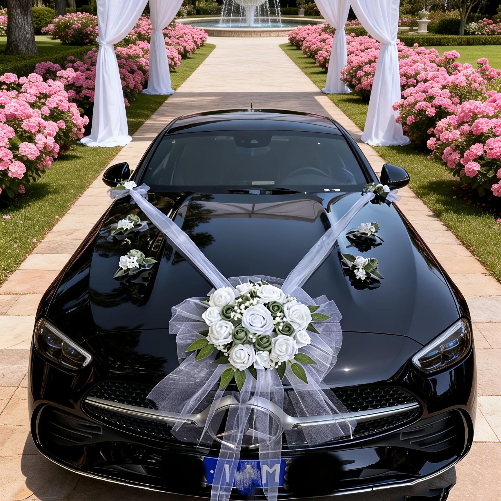 Image of 7pcs Wedding Car Decoration Set, Main Wedding Car Flower Arrangement, White Artificial Flowers For Wedding Supplies, Wedding Car Pull Flower, Complete Wedding Bridal Accessories Set