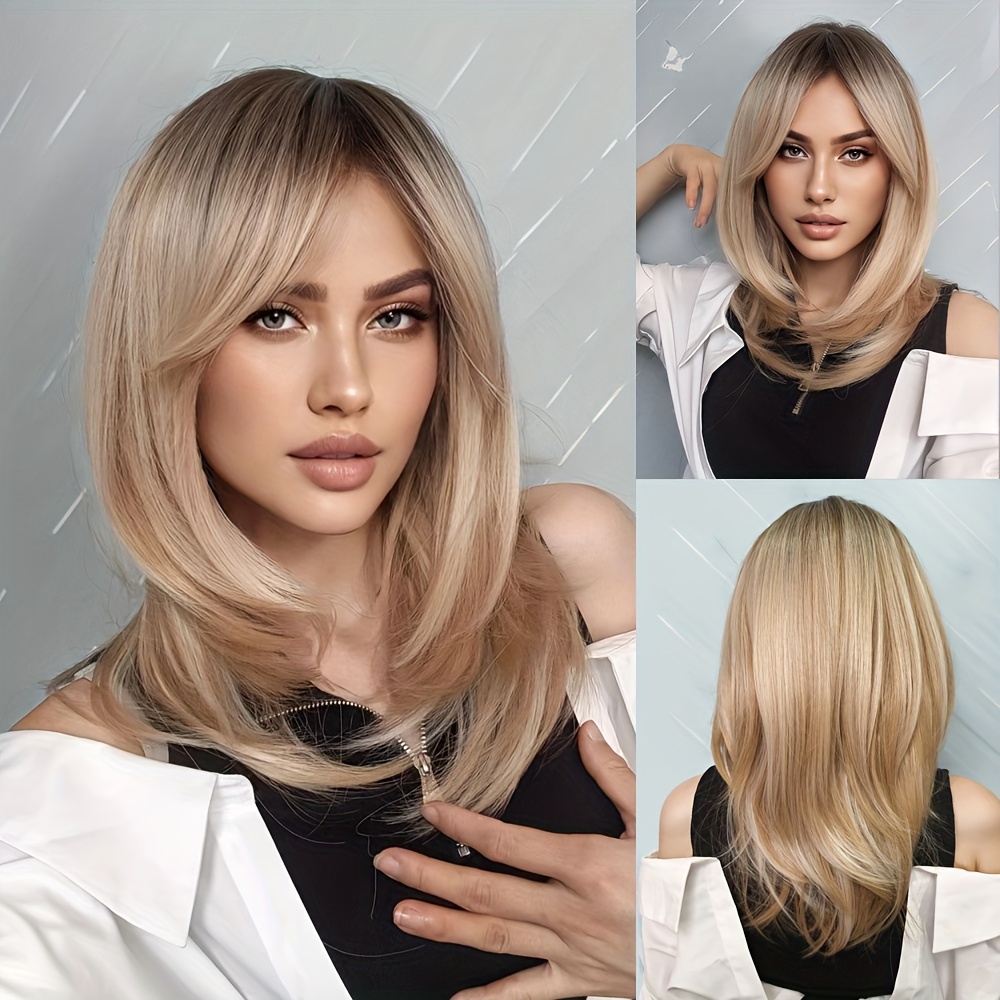 

Long Straight Blonde Wig With Curly Ends Shoulder Lengthe Bob Wig With Bangs Synthetic Curly Wave Hair For Women Cosplay Party And Daily Use 18 Inch