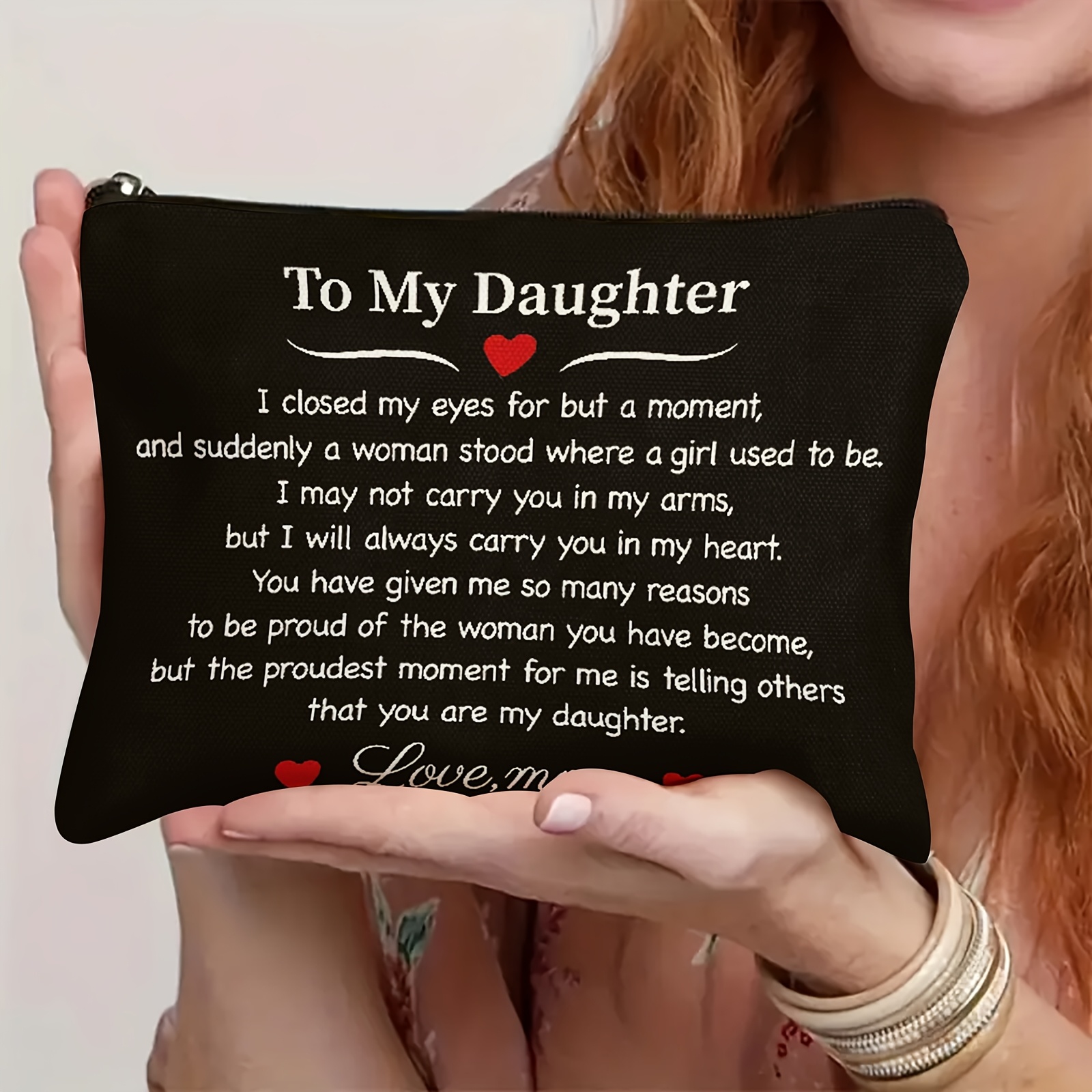 

Makeup Bag For Daughter - Low Allergy, Black Cosmetic Pouch With Message From Mom - Ideal For Christmas, Birthday, Graduation, Wedding, Bridal Shower Gifts