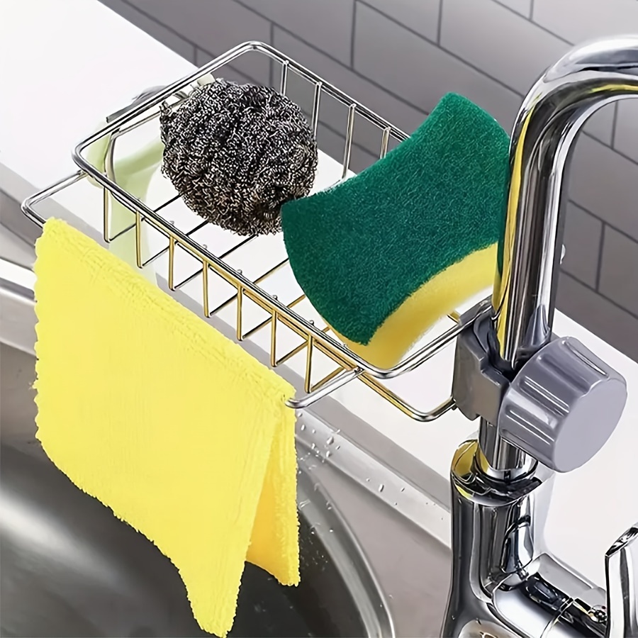 

1pc Adjustable Stainless Steel Kitchen Sink Caddy Organizer With Drainage - Faucet Sponge Holder, Towel Rack, And Storage For Kitchen Accessories