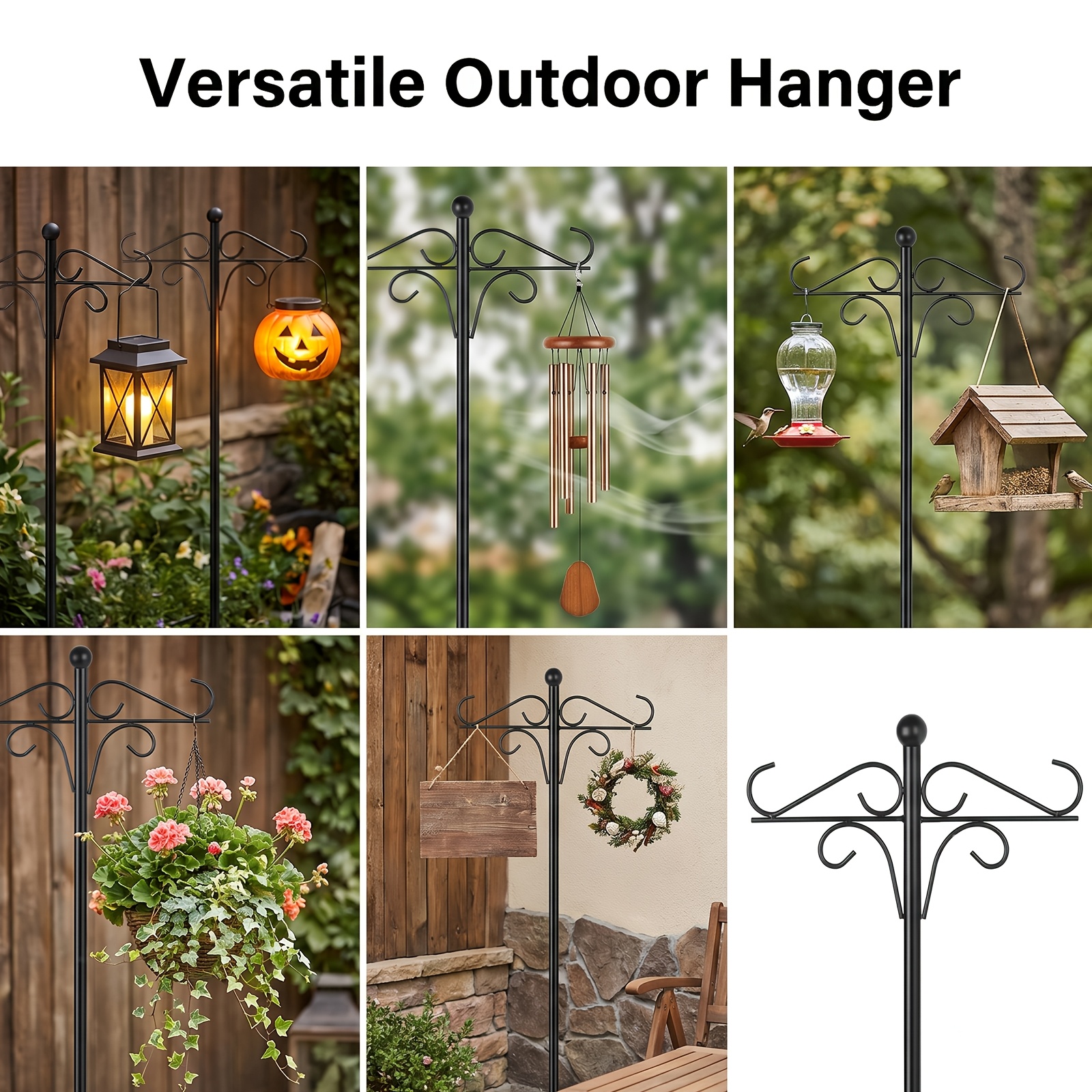 Image of 94 Inch 4 Hook Ornamental Shepherd Hook, Heavy Duty 5 Prong Base Bird Feeder Stand, Black Metal Garden Hanger For Hanging Plants, Bird Feeder, Lantern, Outdoor Yard Decoration