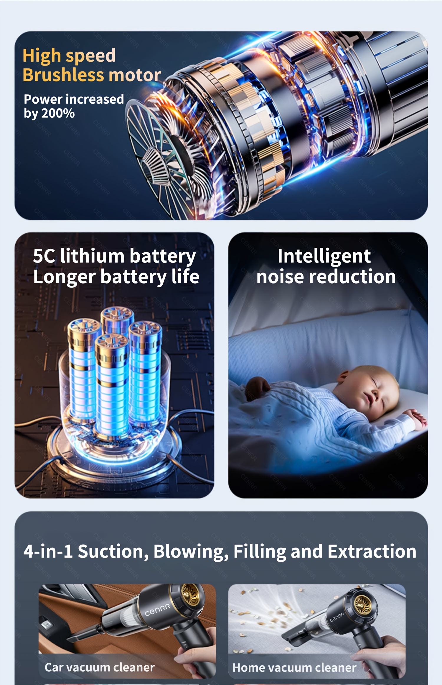 2026 NEW CENRR 16000PA Car Vacuum Cleaner | Portable Handheld Wireless Strong Suction Car Cleaner Cleaning Machine Mini Vacuum Cleaner with USB Charging, ABS Resin Body, Blow and Suction Integrated, 3.38-6.76oz Dust Cup Volume