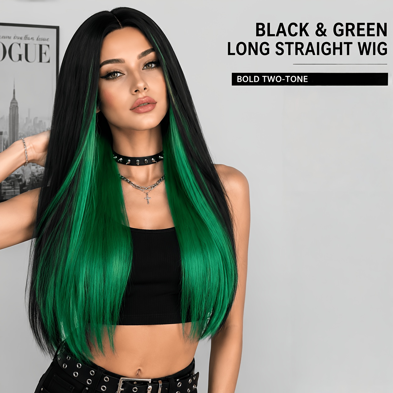 TEMU Women's Black-green Ombre Long Straight Wig. Niche And Unique. Suitable For Music Parties. Versatile Daily Wig
