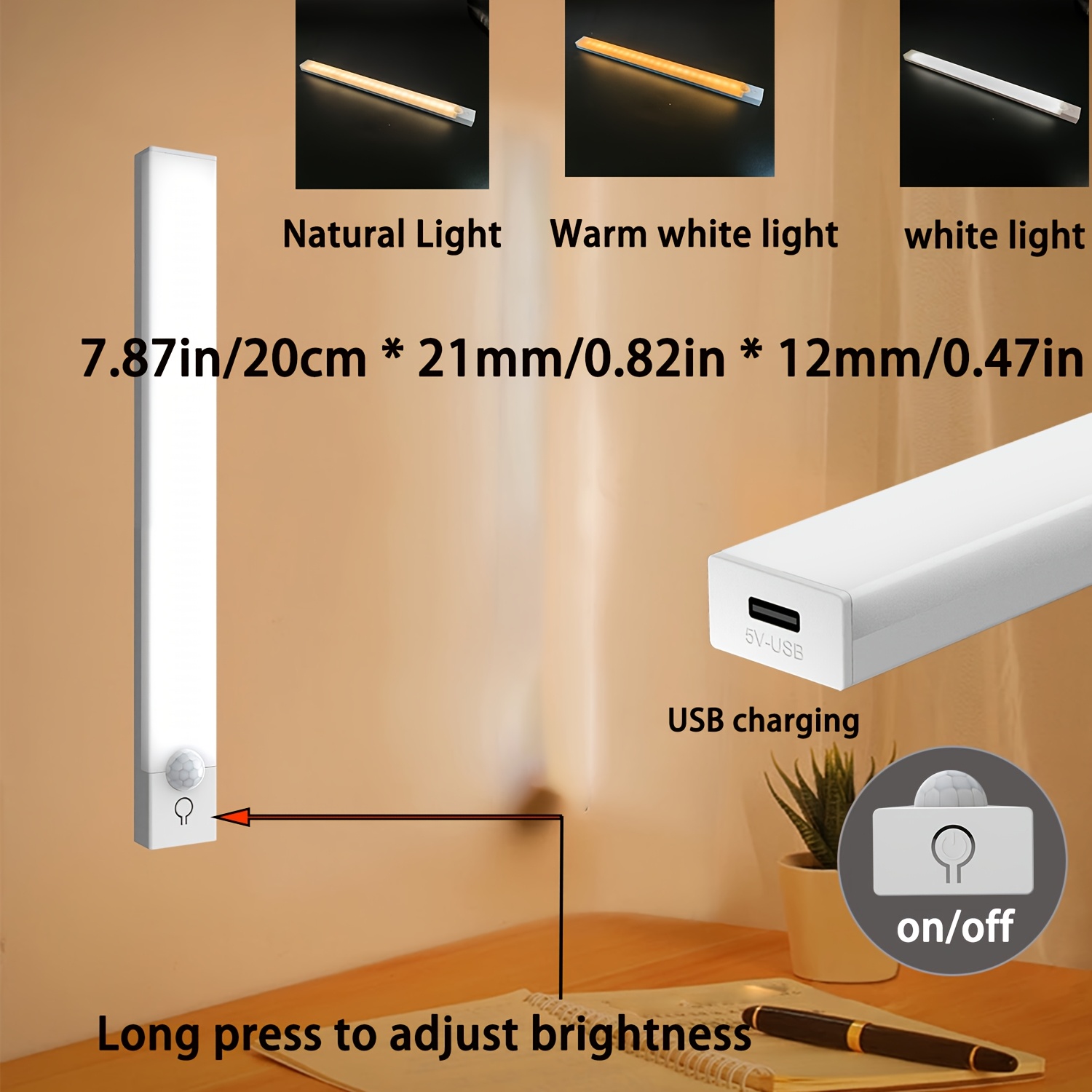 TEMU Usb Rechargeable Led Motion Sensor Light, Human Light With Three-tone Light And Brightness Adjustment, Large Capacity Battery, Suitable For