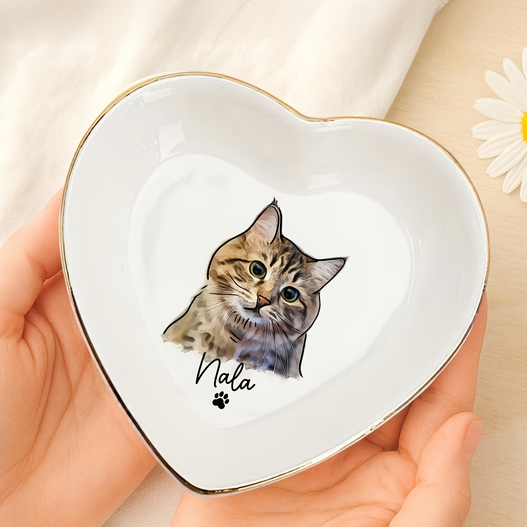 TEMU Custom Pet Portrait Square Ceramic Jewelry Trinket Dish With , Personalized Name Ring Holder Tray, Customized Print Decorative Tray Gift For Pet