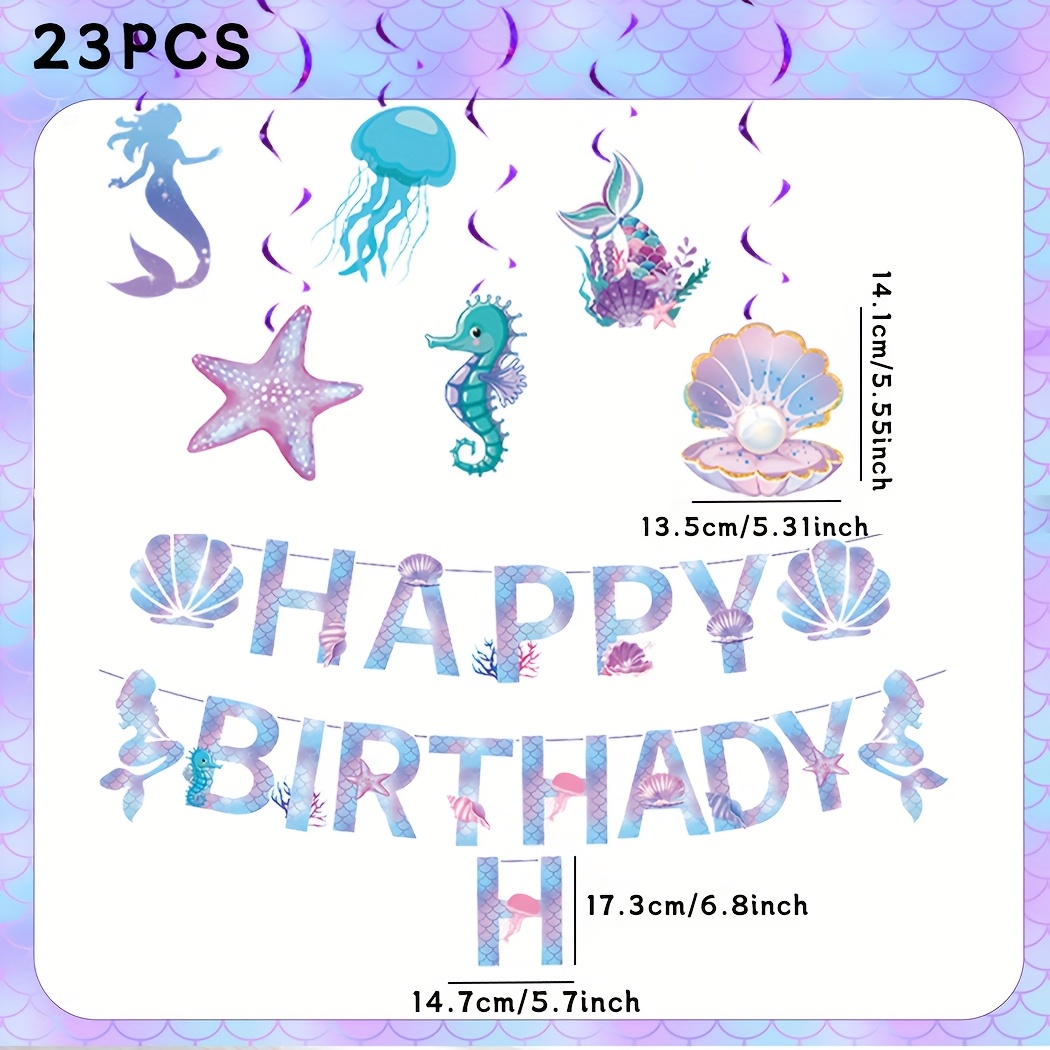 Image of 23pcs Of Mermaid Happy Birthday Party Decorative Flags, Mermaid Birthday Banners And Hanging Vortex Ribbon Kits, Ocean Fishtail Themed Birthday Accessories And Supplies