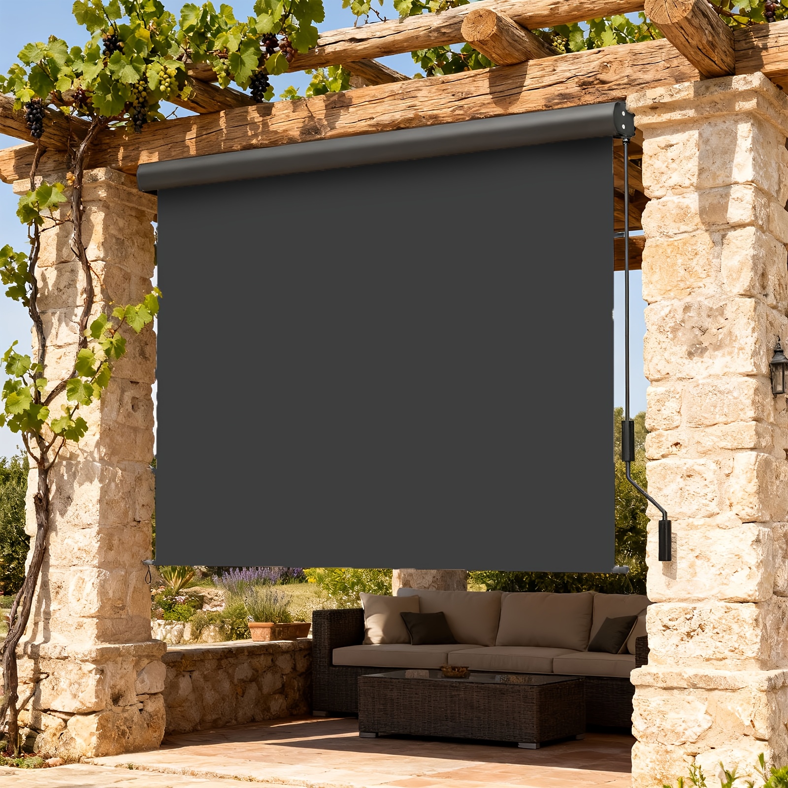 Image of Vertical Awning For Balcony, No Drilling Clamp Awning For Outdoor Use With Crank, Extendable & Blackout Privacy Screen, Vertical Blind For Balcony, Terrace, Garde
