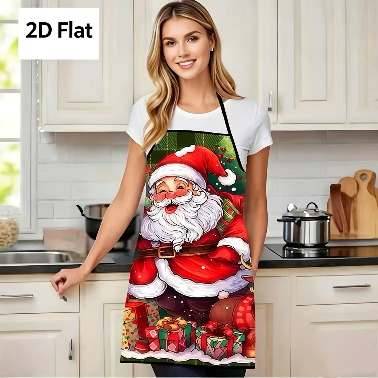 TEMU 2d Flat - Christmas Decoration Printed Apron, Polyester Material, Cute Santa Claus Costume Elf Apron, Fun Cartoon Pattern Apron, Suitable For