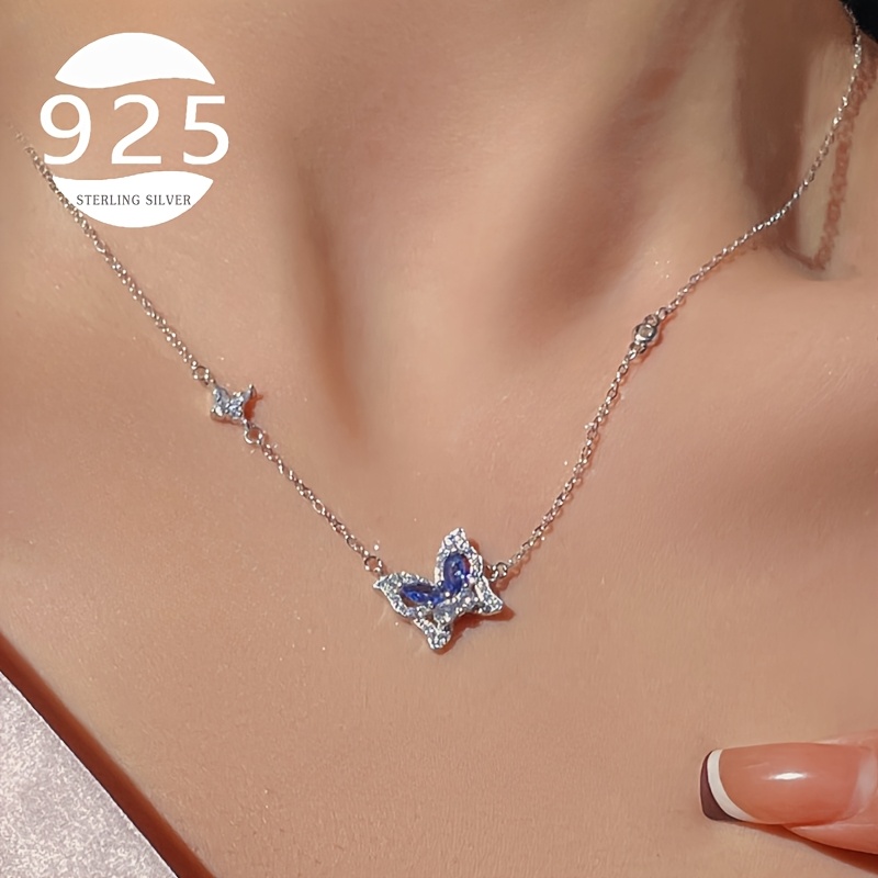 

925 Silver Necklace For Women Style Inlaid Synthetic Zirconia Pendant Clavicle Necklace Wedding Jewelry Halloween & Christmas & Thanksgiving 2.61g/ 0.092oz