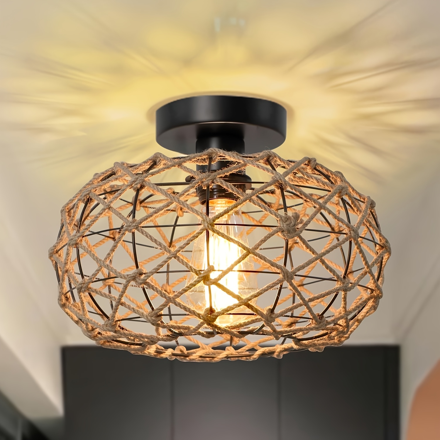 Image of Unique Lamp, Ceiling Light, Holiday Gift Light, Elegant Retro Bohemian Style Chandelier With Metal Decorated Country Woven For Bedroom, Kitchen, And Decoration Ceilings, Room Decoration, Not Bulb