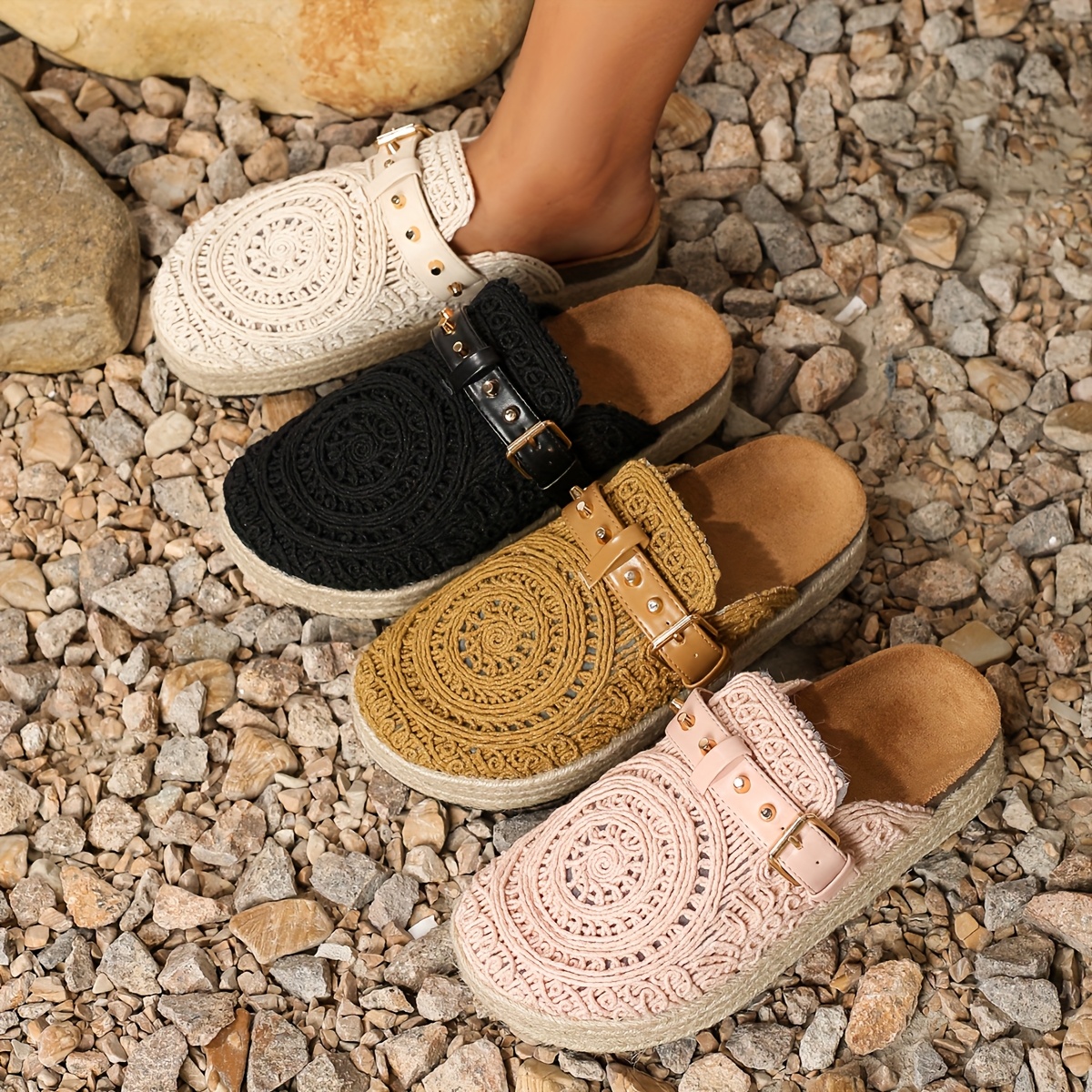 2025 Summer New Women's Rivet Hollow-Out Straw Thick-Sole Casual Vacation Style Slip-On Half-Slip Women's Sandals, Women Shoes